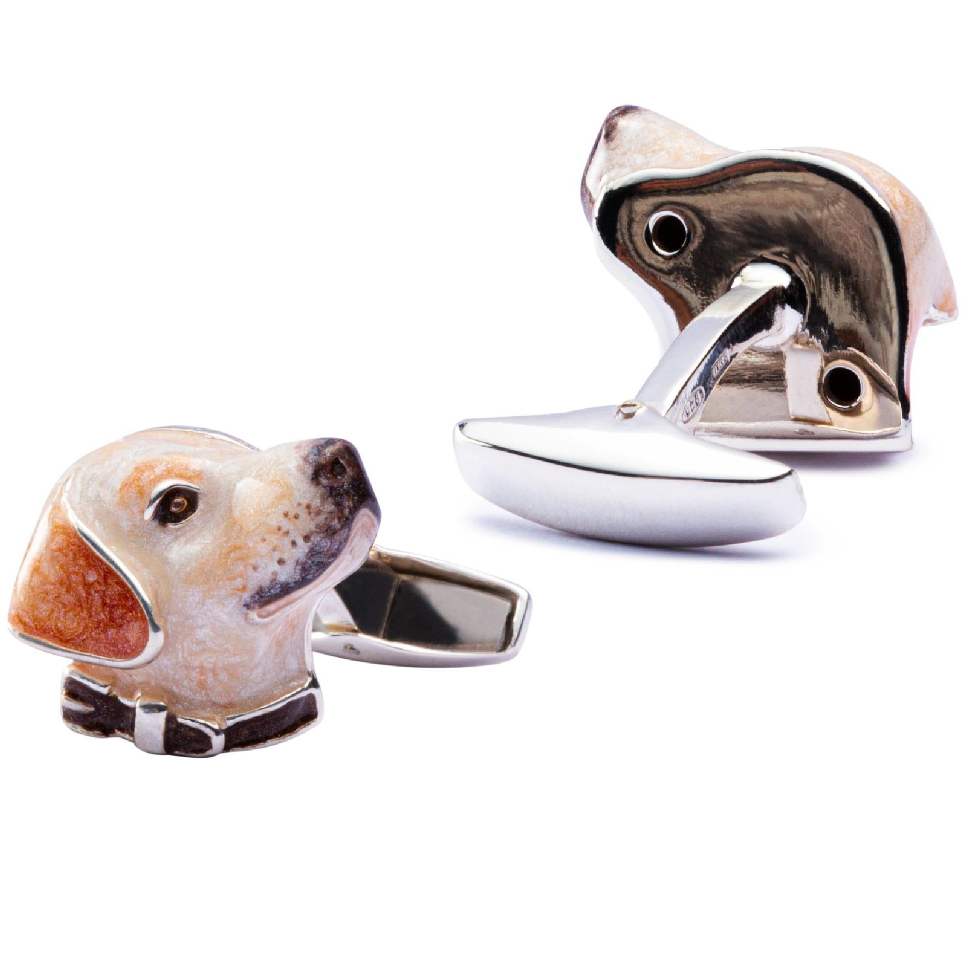 Alex Jona Sterling Silver Labrador Dog Cufflinks with Enamel In New Condition For Sale In Torino, IT