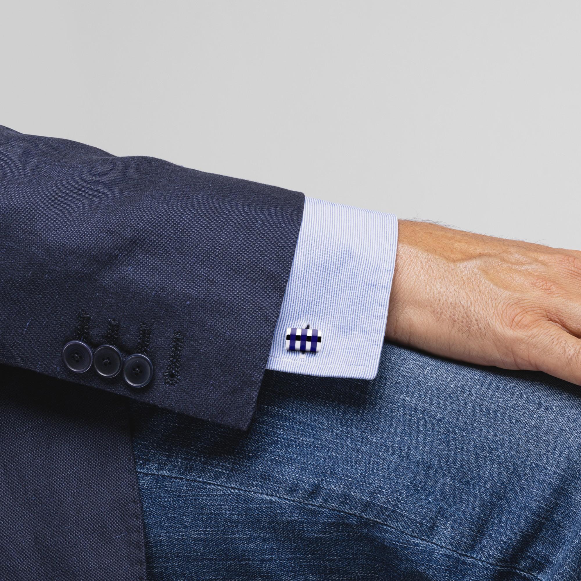 Alex Jona design collection, hand crafted in Italy, sterling silver cufflinks with Lapis Lazuli insert. 
These cufflinks feature a T-Bar fastening, aiding in easy use and confidence that they'll stay secured to your shirt. 
Alex Jona cufflinks stand