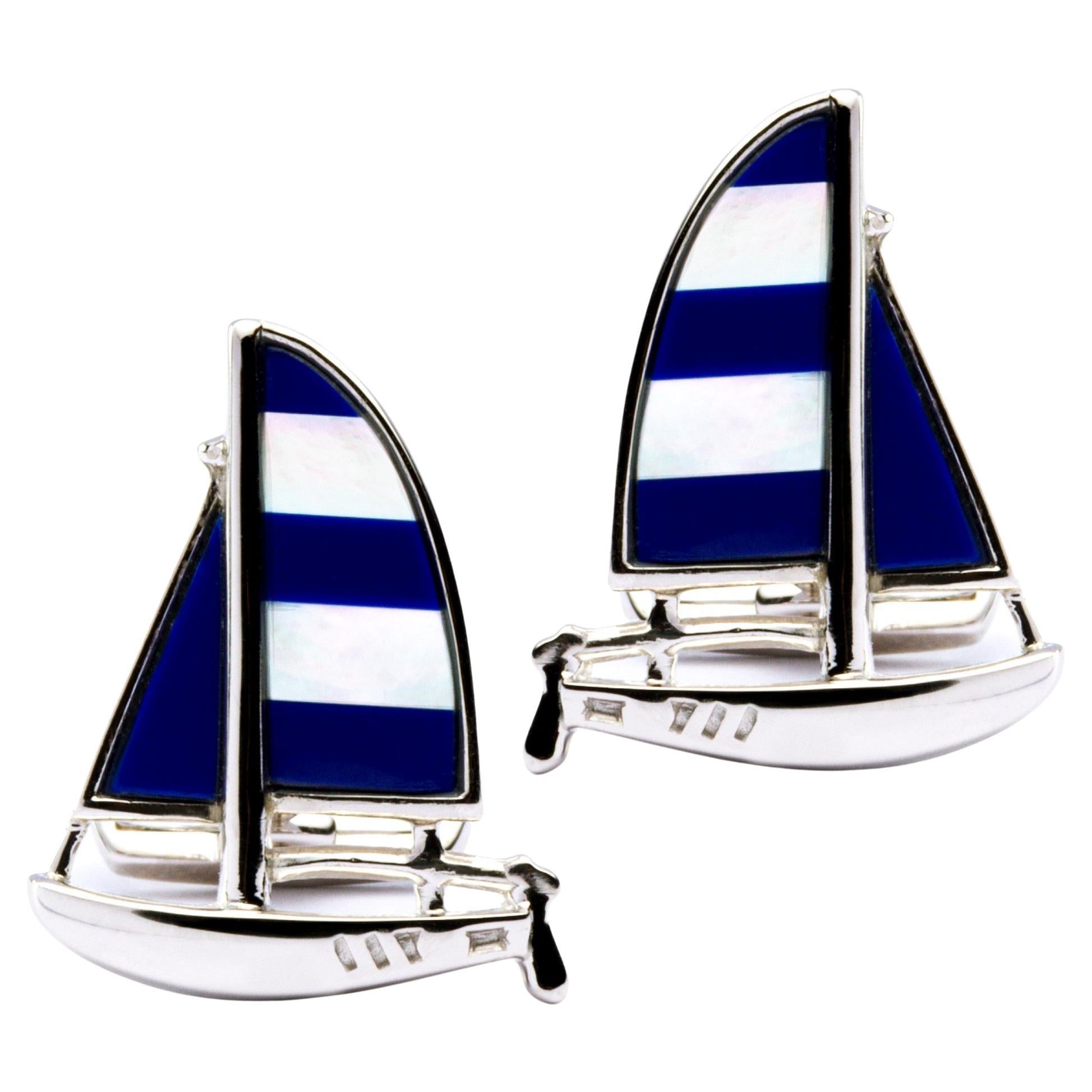 Alex Jona Sterling Silver Lapis Lazuli Sail Boat Cufflinks For Sale