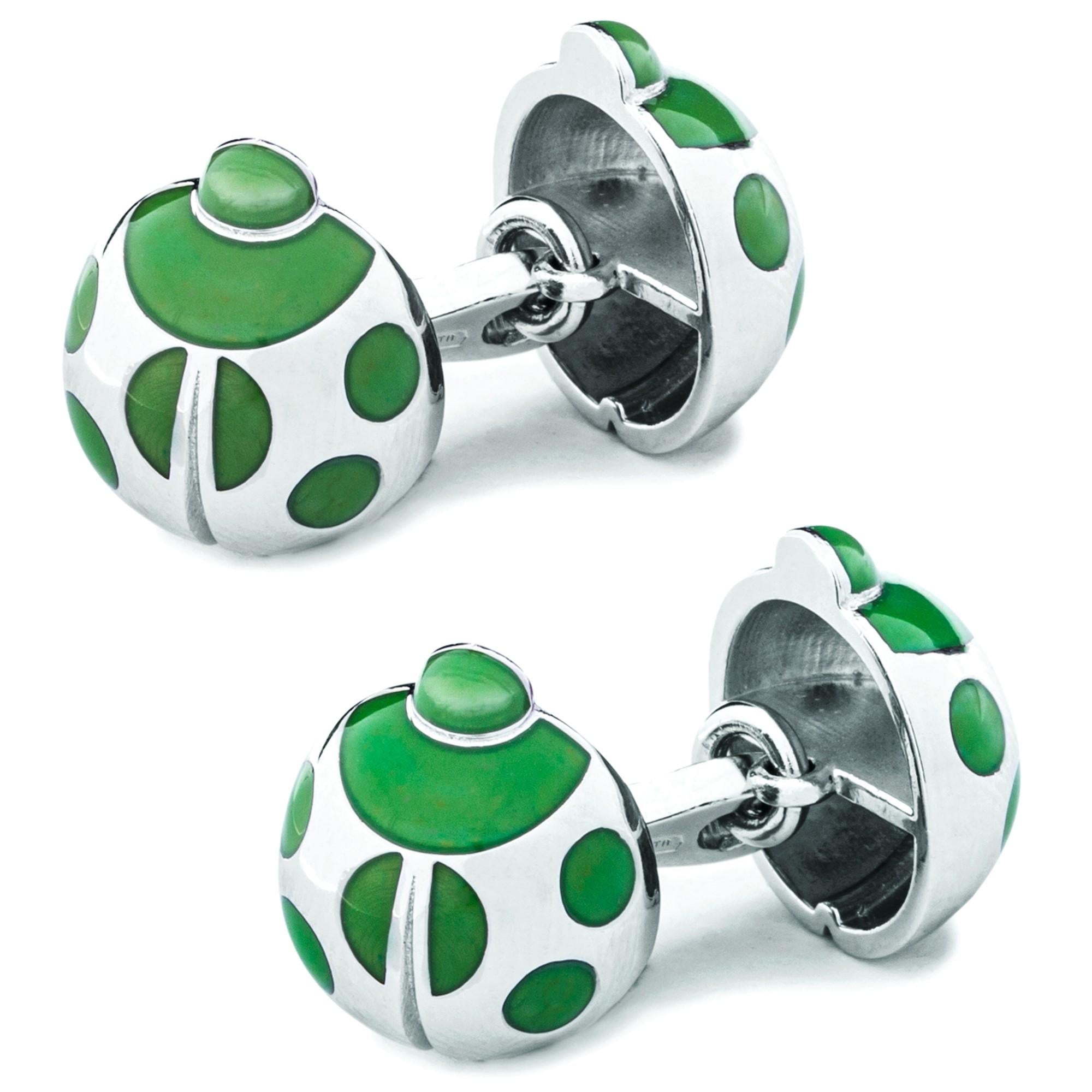 Women's or Men's Alex Jona Sterling Silver Light Green Enamel Ladybug Cufflinks For Sale