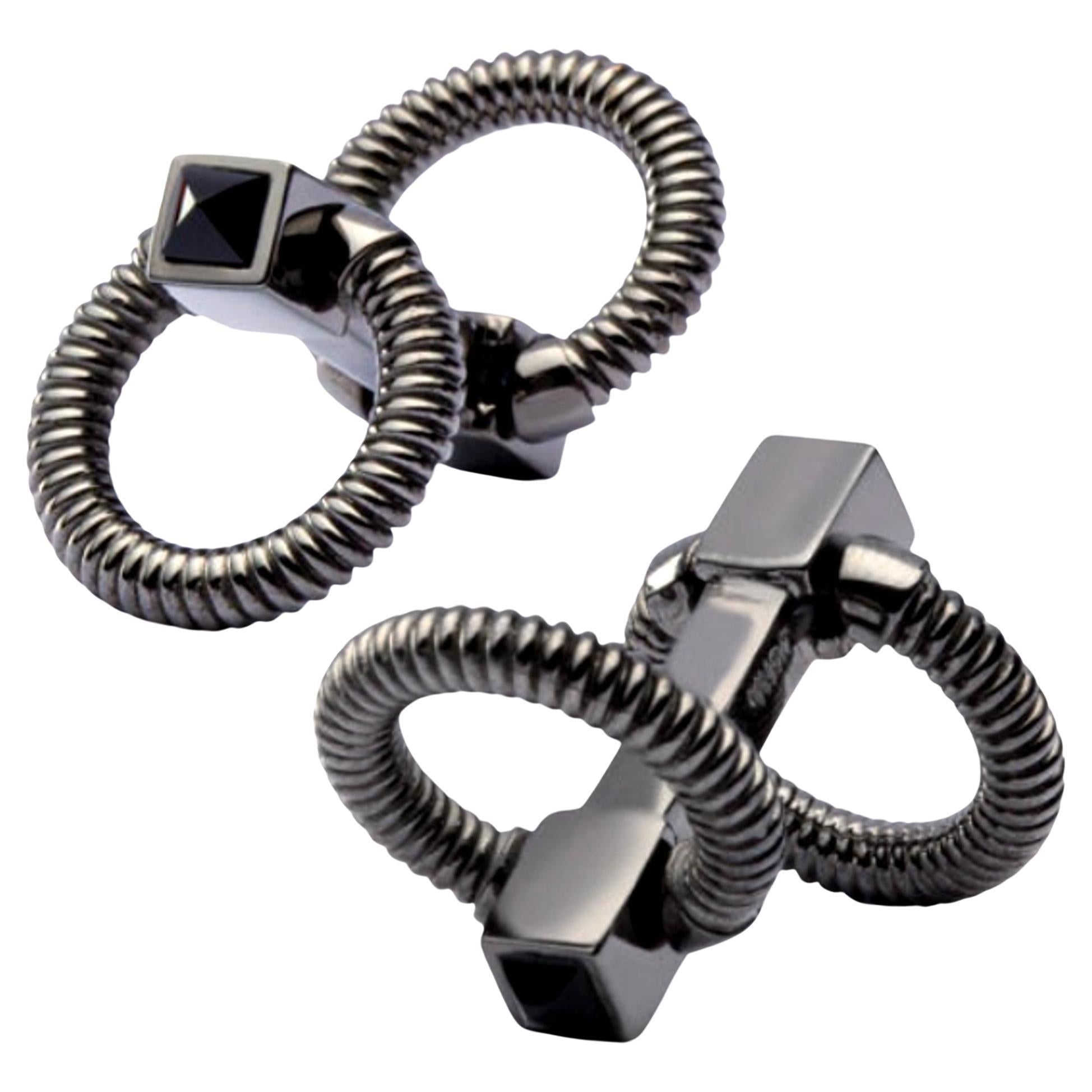 Alex Jona Sterling Silver Onyx Double Ring Folding Cufflinks For Sale