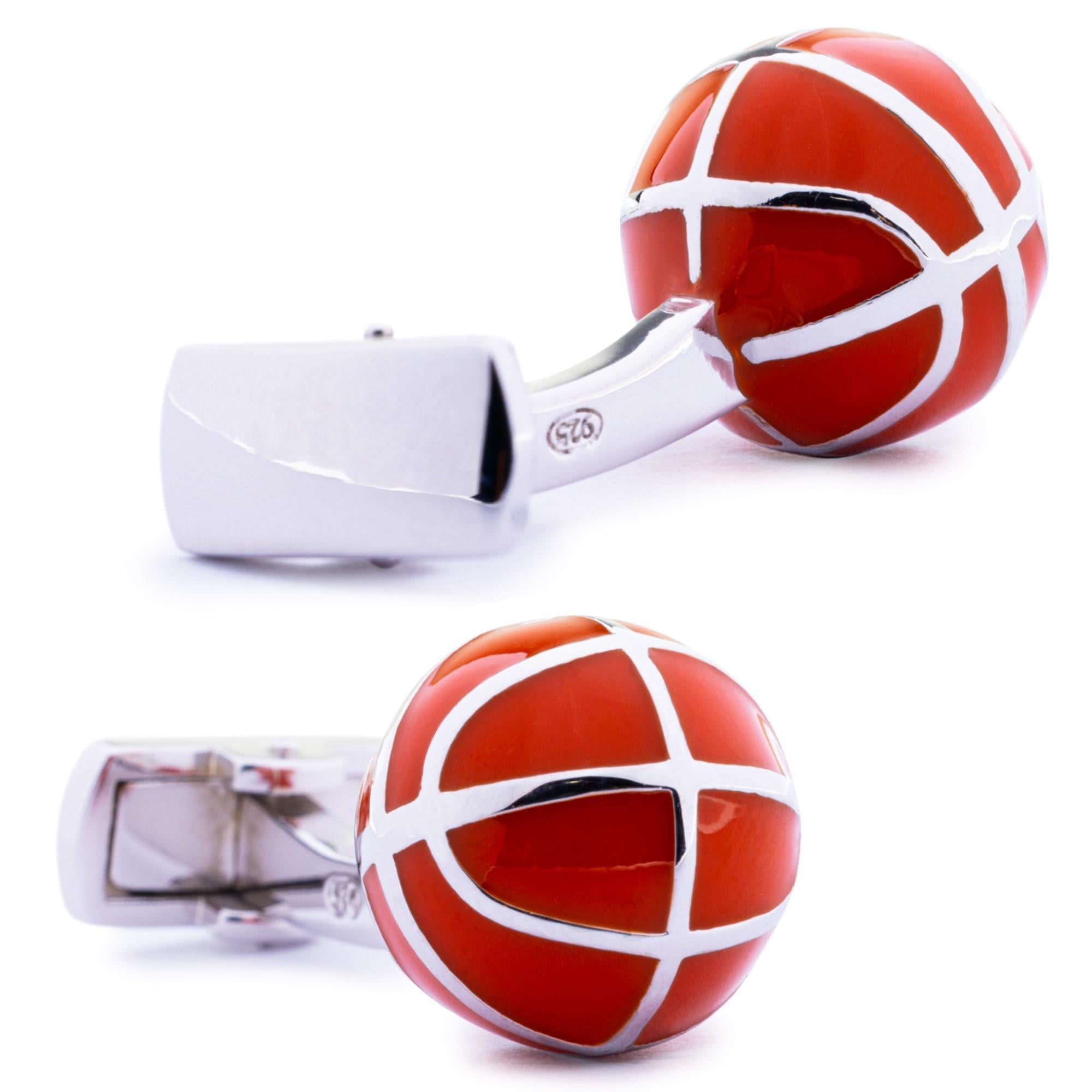 Manschettenknöpfe für Basketball aus Sterlingsilber mit orangefarbener Emaille von Jona im Zustand „Neu“ im Angebot in Torino, IT