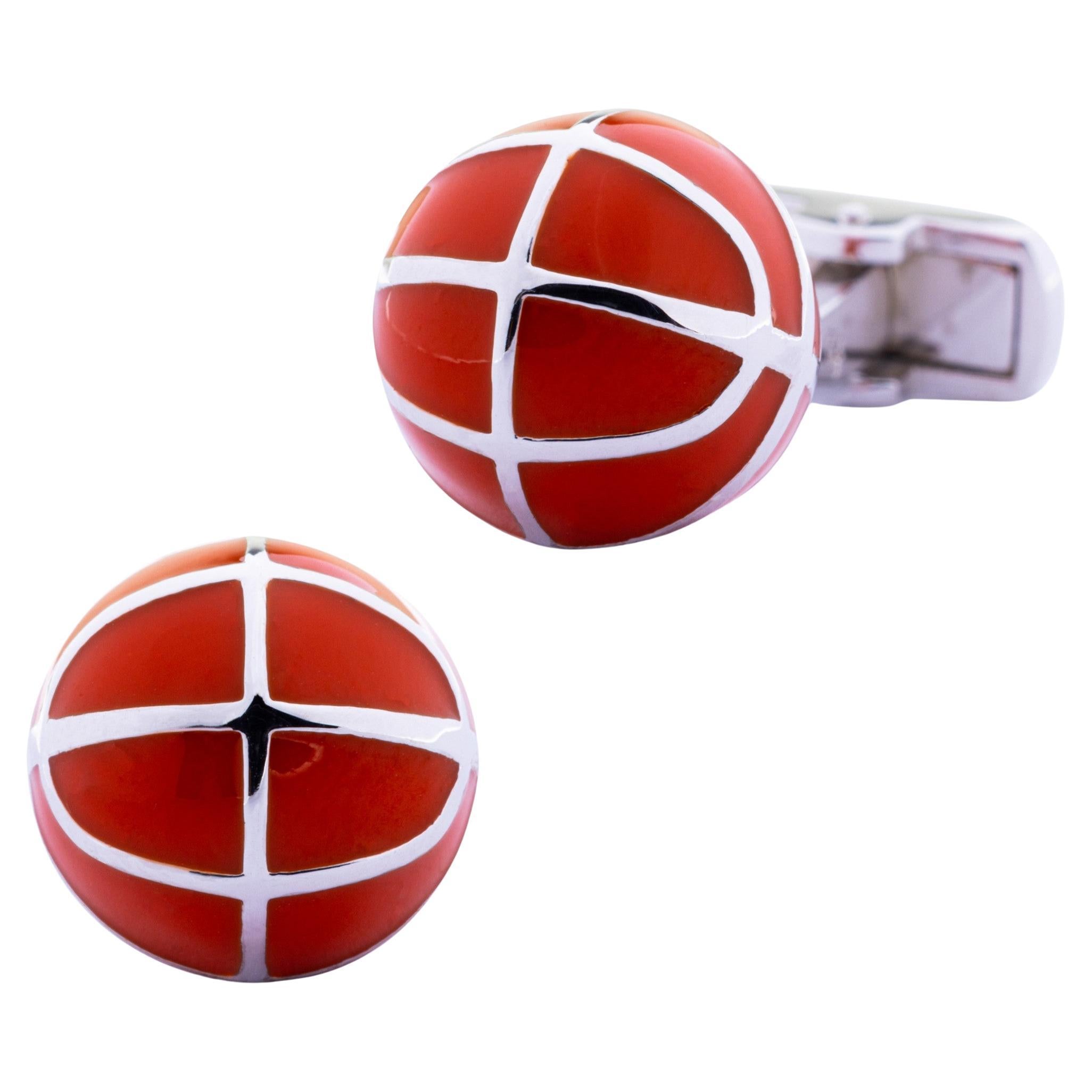 Manschettenknöpfe für Basketball aus Sterlingsilber mit orangefarbener Emaille von Jona im Angebot