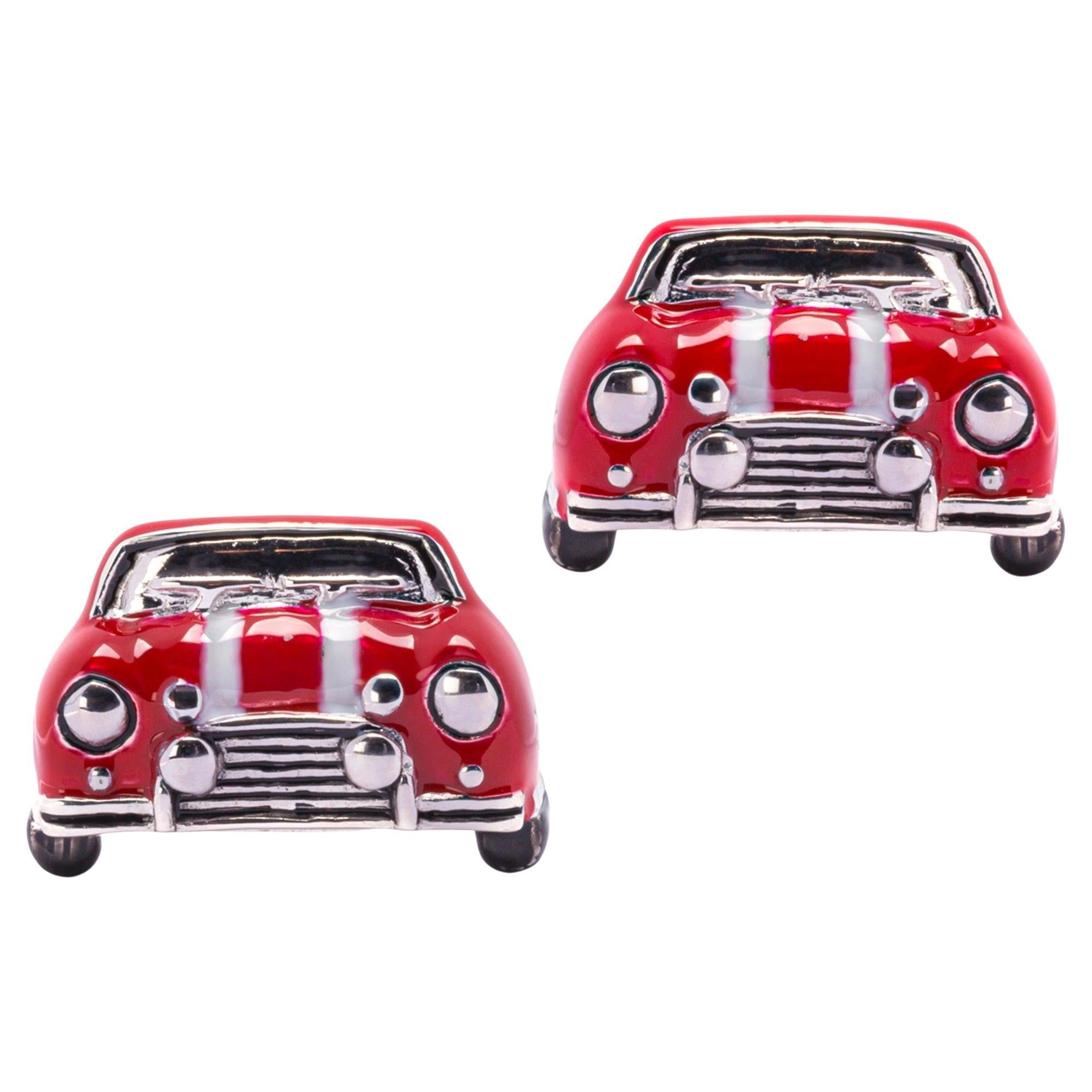 Alex Jona Sterling Silver Red and White Enamel Classic Mini Car Cufflinks For Sale