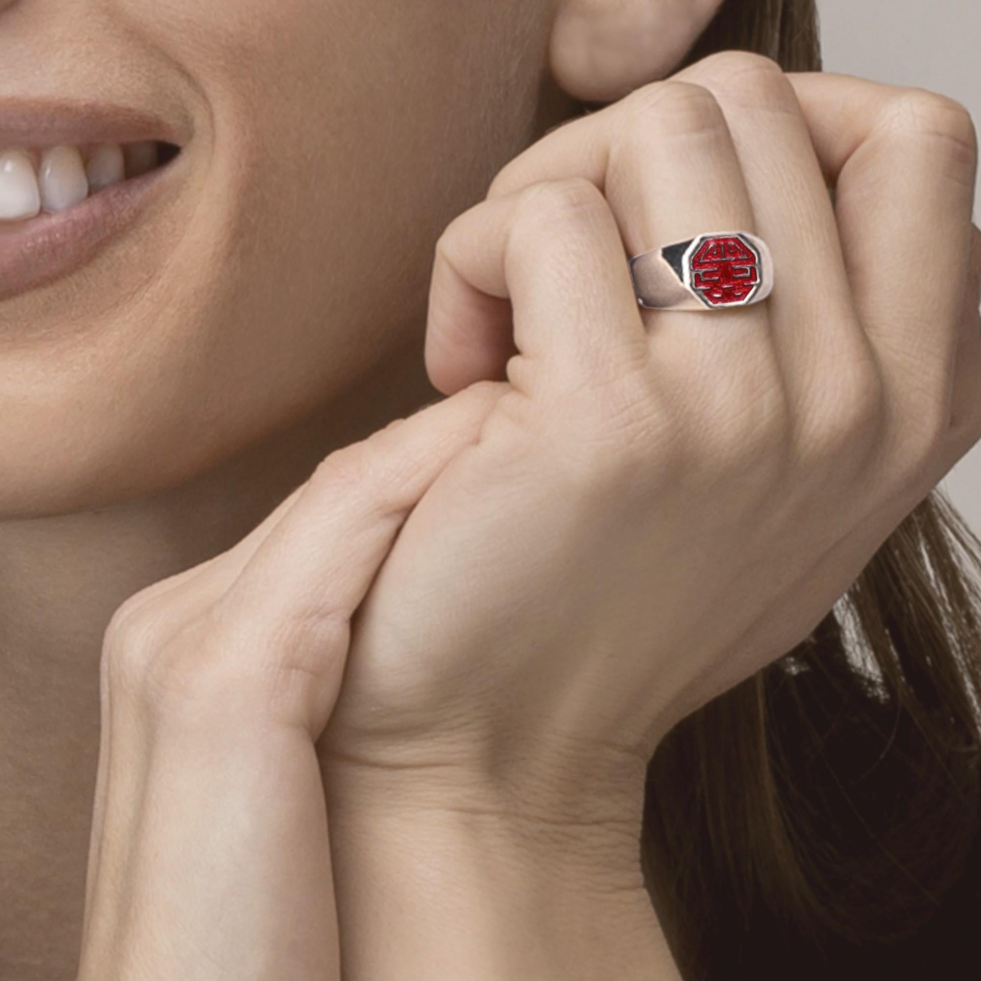 Anello a fascia geometrico Long and Happy Life di Alex Jona, in argento sterling e smalto rosso in vendita 1