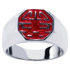 Anello a fascia geometrico Long and Happy Life di Alex Jona, in argento sterling e smalto rosso
