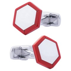 Alex Jona Sterling Silver Red Enamel Hexagonal Cufflinks