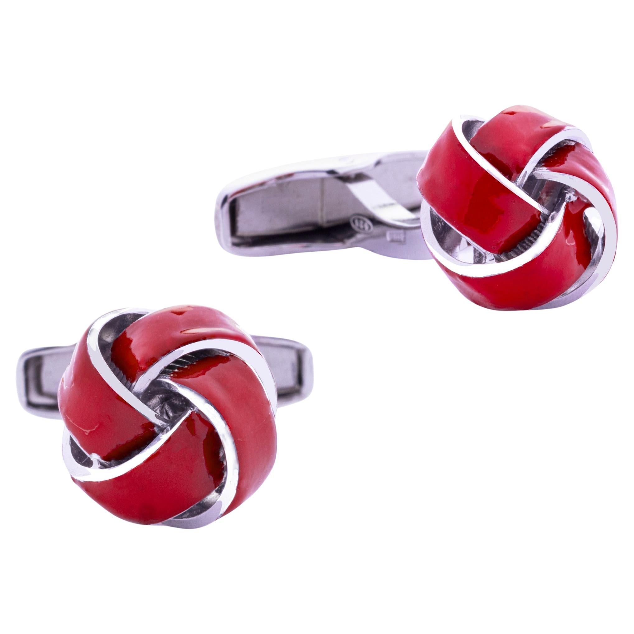 Alex Jona Sterling Silver Red Enamel Knot Cufflinks For Sale