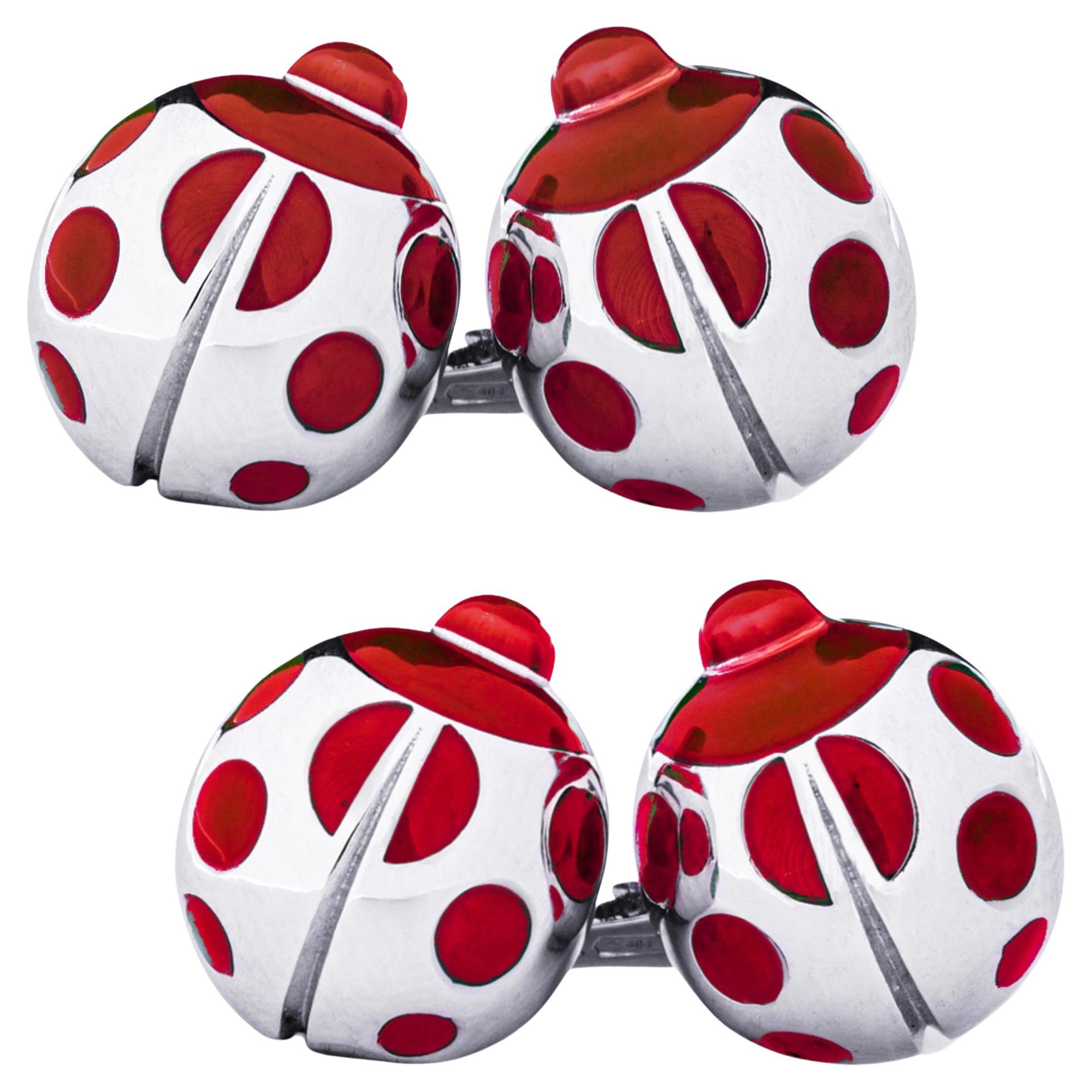 Alex Jona Sterling Silver Red Enamel Ladybug Cufflinks