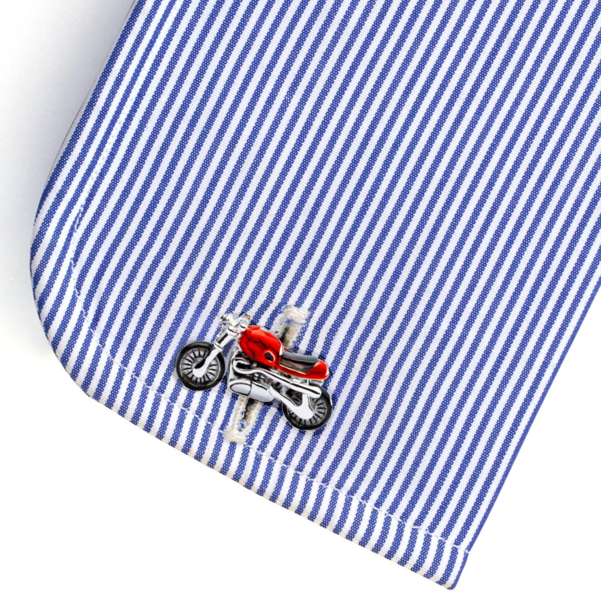 Alex Jona Sterling Silver Red Enamel Onyx Motorcycle Cufflinks In New Condition For Sale In Torino, IT