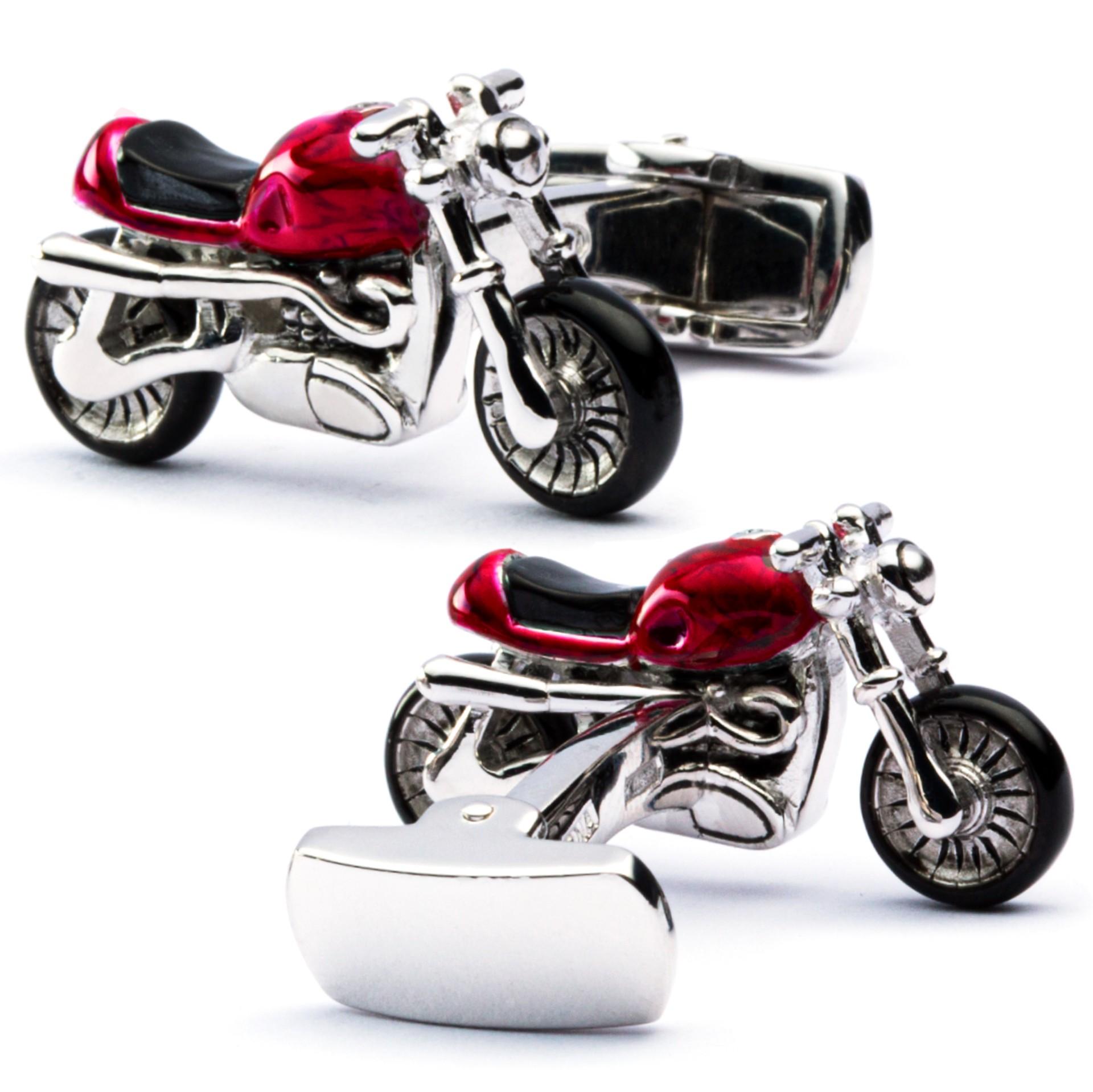 Mixed Cut Alex Jona Sterling Silver Red Enamel Onyx Motorcycle Cufflinks For Sale