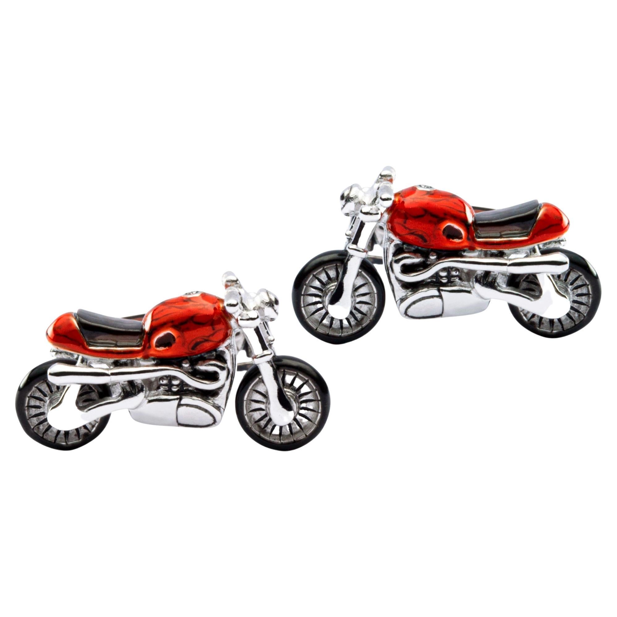 Alex Jona Sterling Silver Red Enamel Onyx Motorcycle Cufflinks For Sale