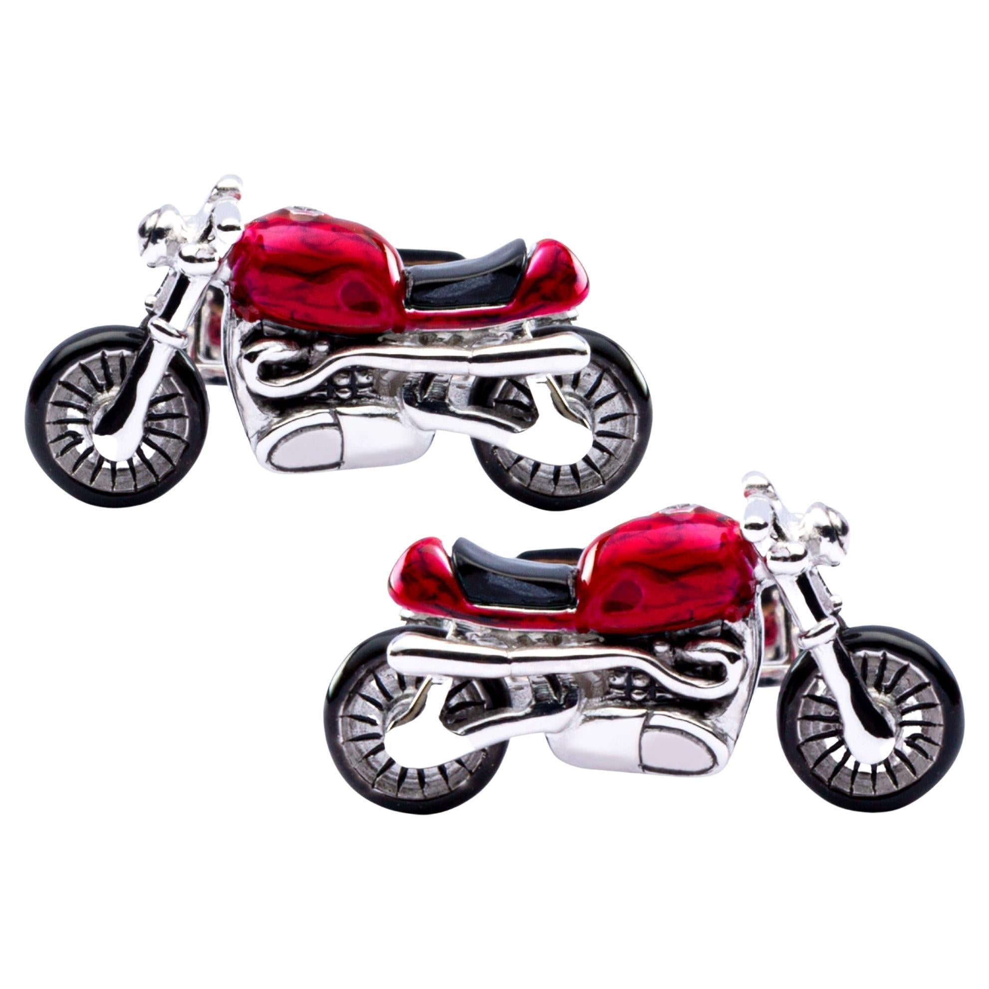 Alex Jona Sterling Silver Red Enamel Onyx Motorcycle Cufflinks For Sale