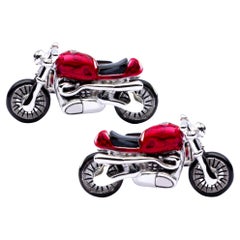 Motorrad-Manschettenknöpfe von Jona aus Sterlingsilber und roter Emaille mit Onyx
