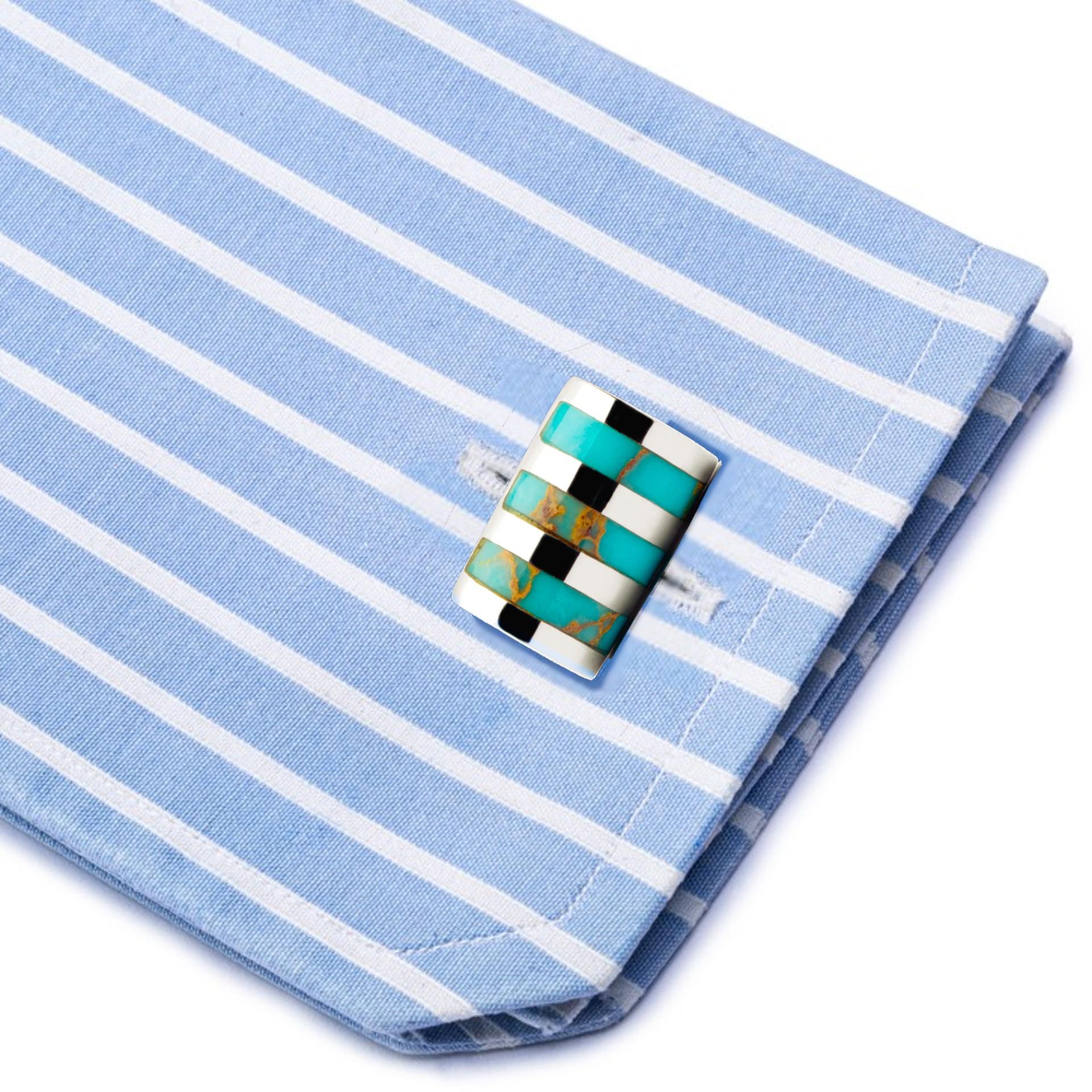 Alex Jona Sterling Silver Turquoise Bar Cufflinks In New Condition For Sale In Lugano, CH