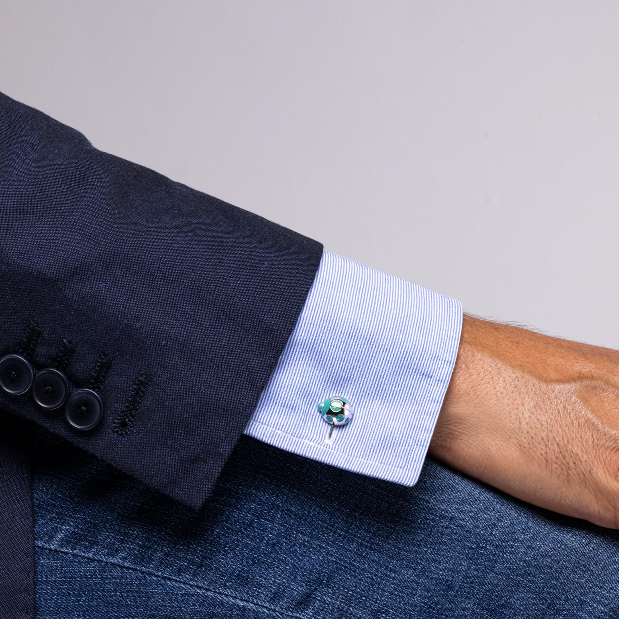 Alex Jona design collection, hand crafted in Italy, rhodium plated Sterling Silver ladybug cufflinks with turquoise enamel.  
DIMENSIONS:  0.44 in W x 0.50 in L x 0.23 in D.     11,17 mm W x 12,07 mm L x 5,84 mm D. 

Alex Jona cufflinks stand out,