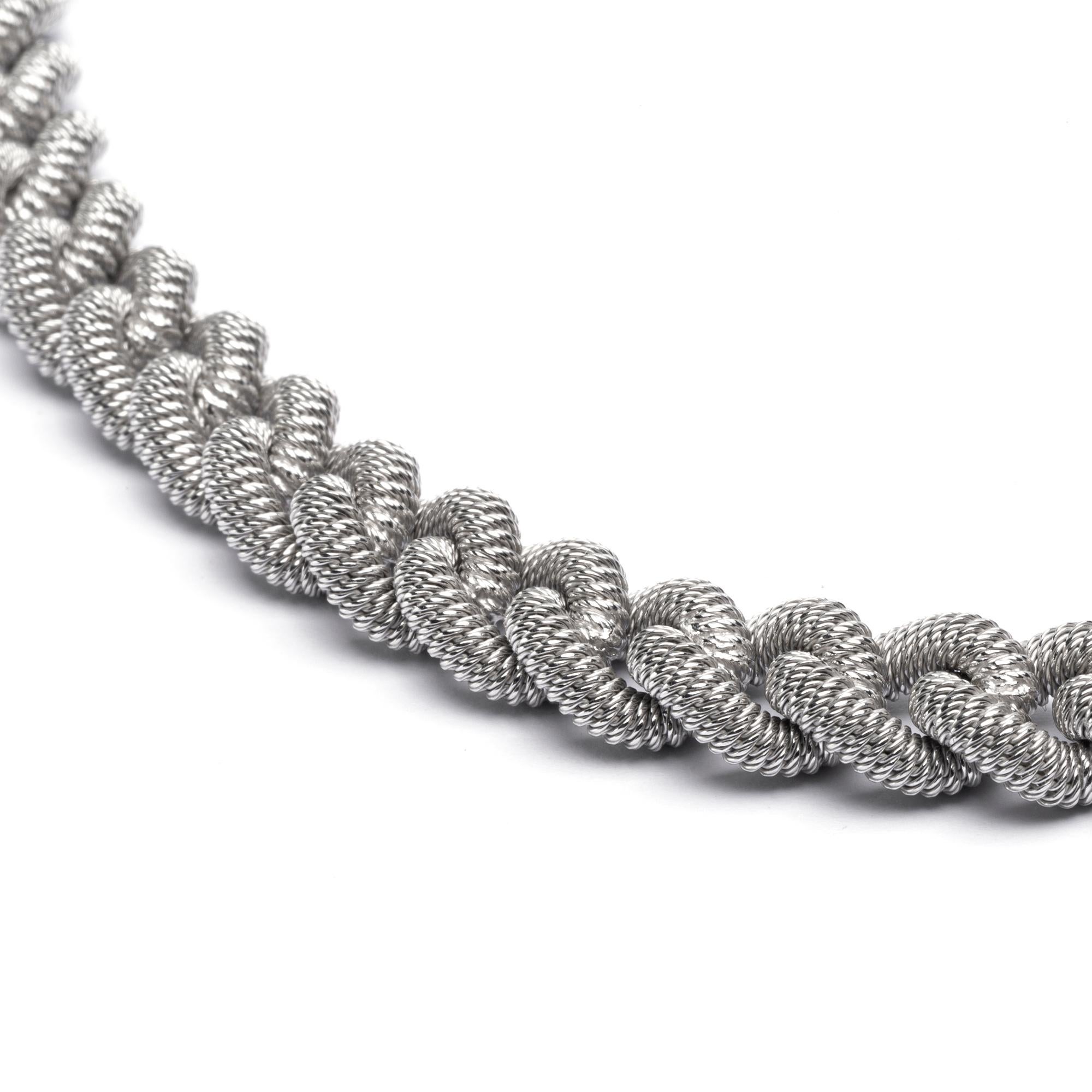 Alex Jona design collection, hand crafted in Italy, rhodium plated sterling silver twisted wire curb link chain necklace. Dimensions: L 17.32 in x 0.34 in. W x 0.24 in. D  -  L 44 cm x 9mm. W x 6 mm. D
Alex Jona jewels stand out, not only for their