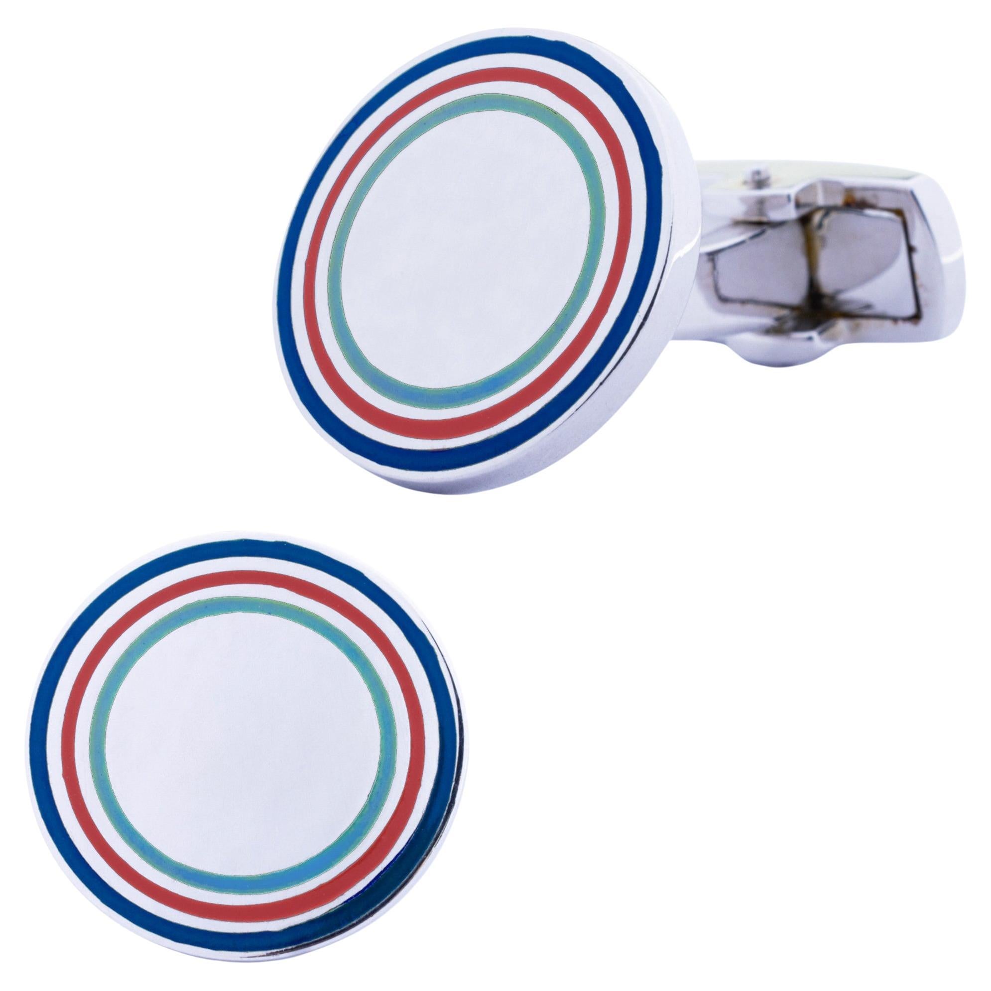 Sterling Silver Two Shade Blue and Red Enamel Cufflinks For Sale