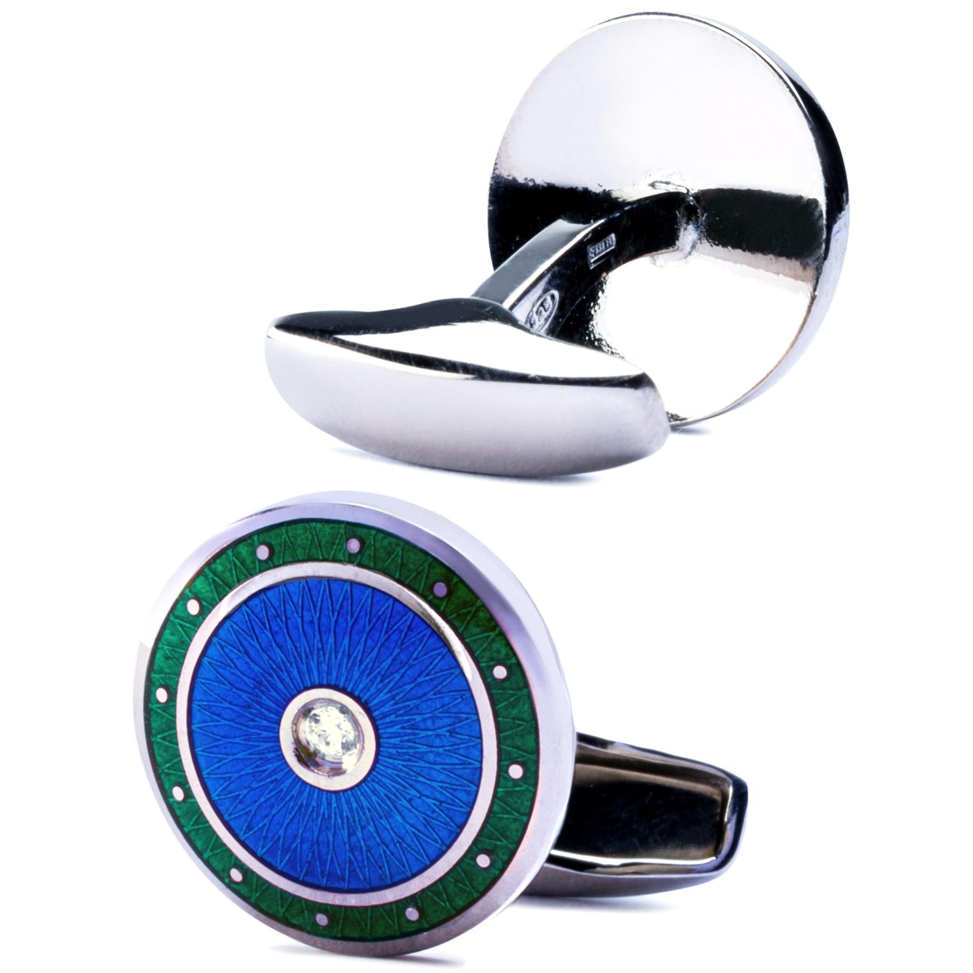 Round Cut Alex Jona Sterling Silver White Diamond Green and Blue Enamel Cufflinks For Sale