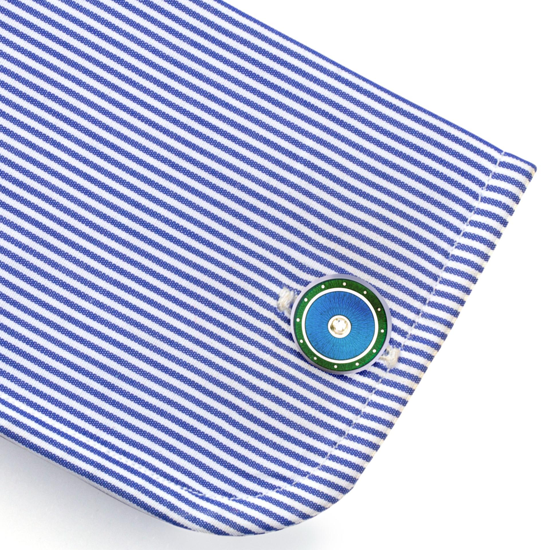Manschettenknöpfe von Alex Jona aus Sterlingsilber mit weißen Diamanten, grüner und blauer Emaille im Zustand „Neu“ im Angebot in Torino, IT