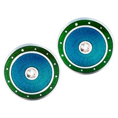 Alex Jona Sterling Silver White Diamond Green and Blue Enamel Cufflinks