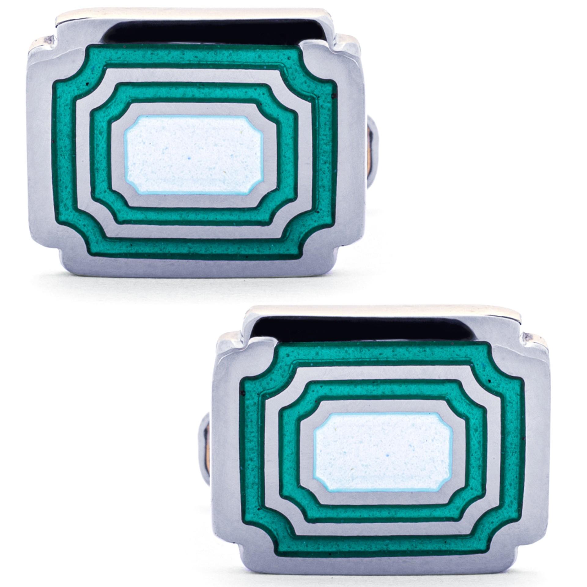 Alex Jona Sterling Silver White & Green Enamel Oblong Cufflinks