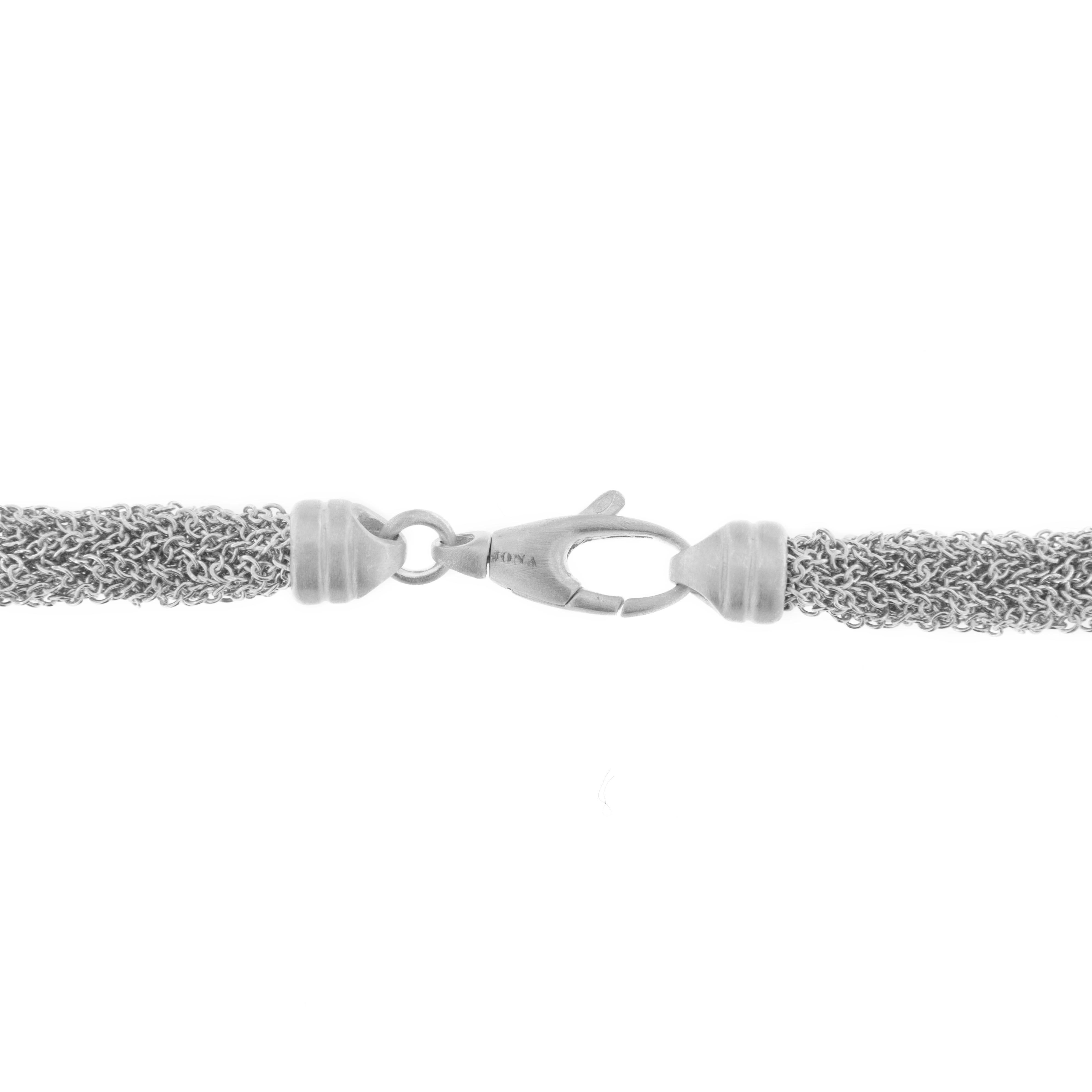 Jona design collection, hand crafted in Italy, rhodium-plated sterling silver chain necklace made of woven small chains.
Dimensions : L 17.32 in x D 0.19 in - L 44 cm x D 4.9 mm
All Jona jewelry is new and has never been previously owned or worn.