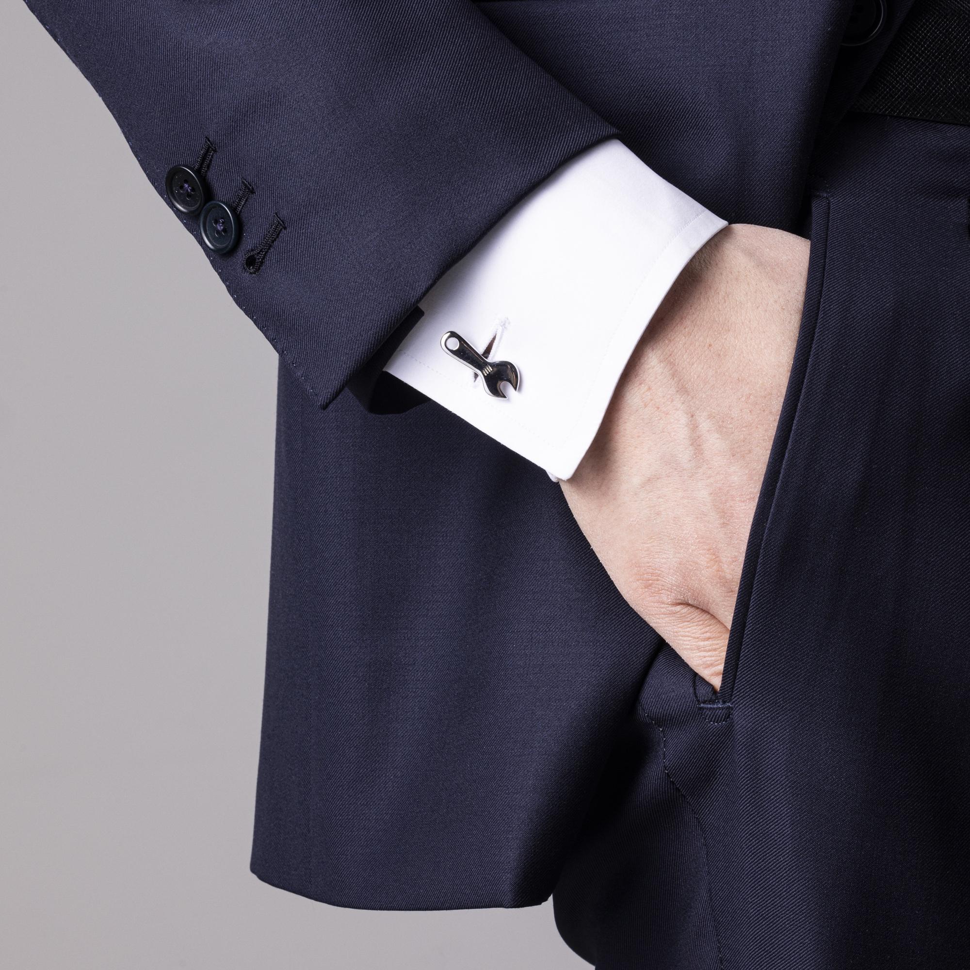 Alex Jona design collection, hand crafted in Italy, rhodium plated sterling silver wrench cufflinks. These cufflinks feature a T-Bar fastening, aiding in easy use and confidence that they'll stay secured to your shirt. 
Alex Jona cufflinks stand