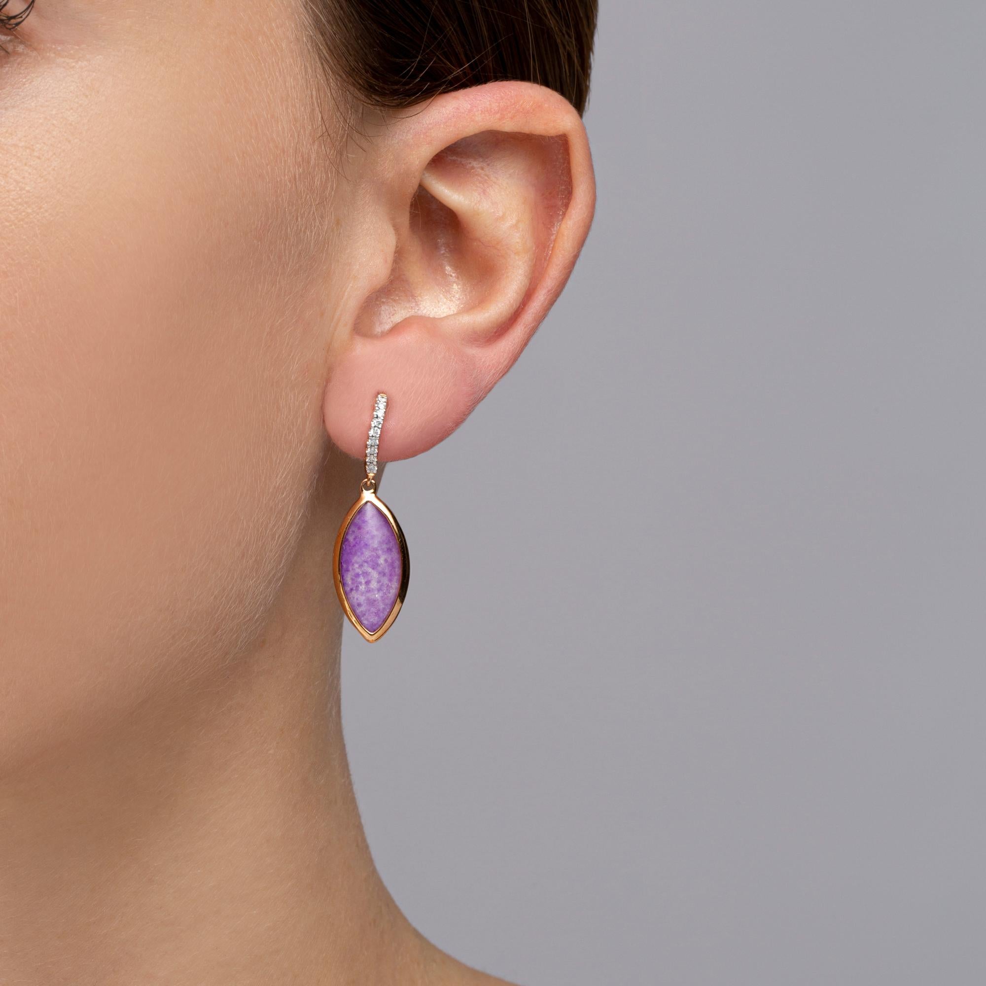 Alex Jona design collection, hand crafted in Italy, 18 Karat rose gold drop earrings set with a cabochon cut Quartz over Sugilite weighing 8.67 carats with 0.17 carats of brown diamonds. Clips can be mounted upon request. Dimensions : H 1.37 in x W
