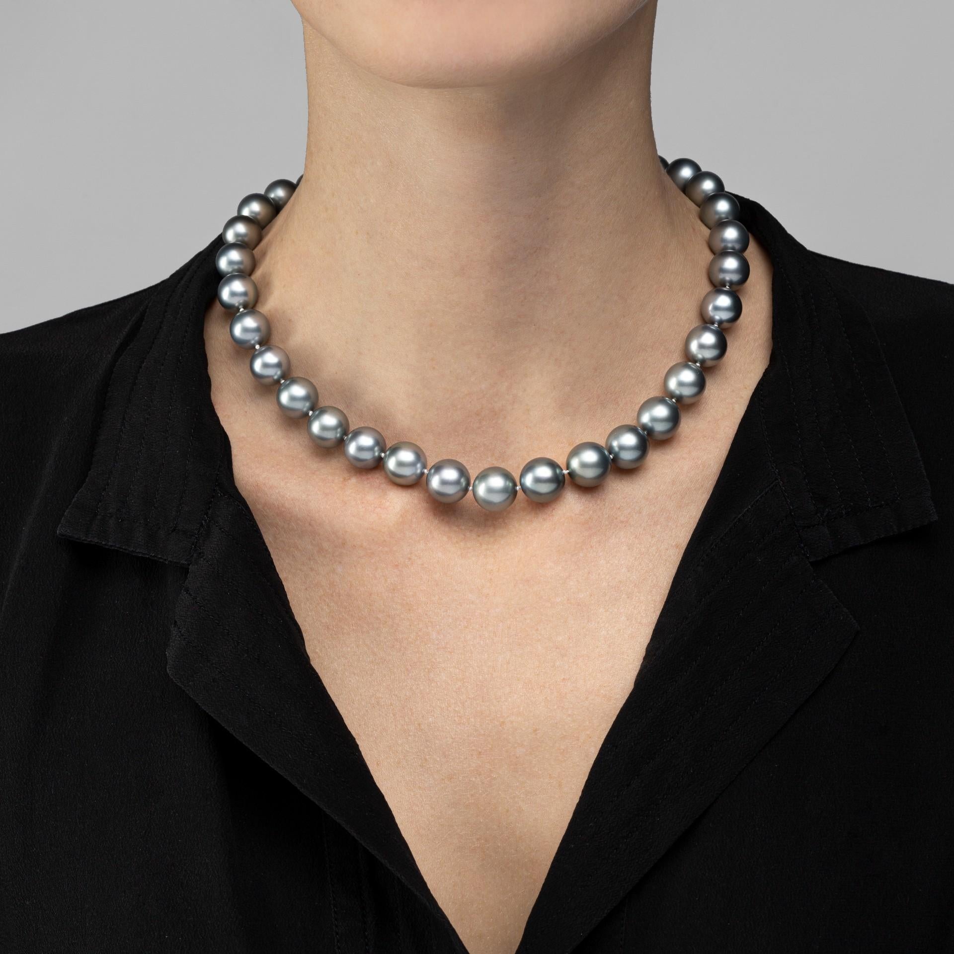 Alex Jona, Thirty-five perfectly matched silver pearls from the waters of Tahiti comprise this stunning necklace. Rare among Tahitian black pearls for their light, silvery hue, these gems range in size from 11mm to 12.7mm. Their size, color and