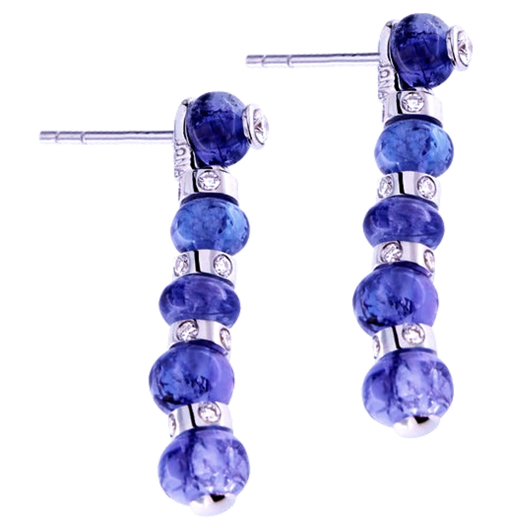 Cabochon Alex Jona Tanzanite White Diamond 18 karat White Gold Pendant Earrings For Sale