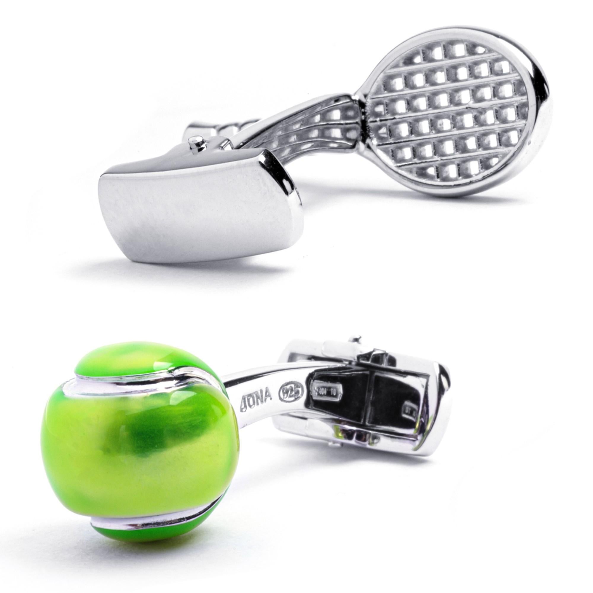 Men's Alex Jona Tennis Racket and Ball Enamel Sterling Silver Cufflinks For Sale