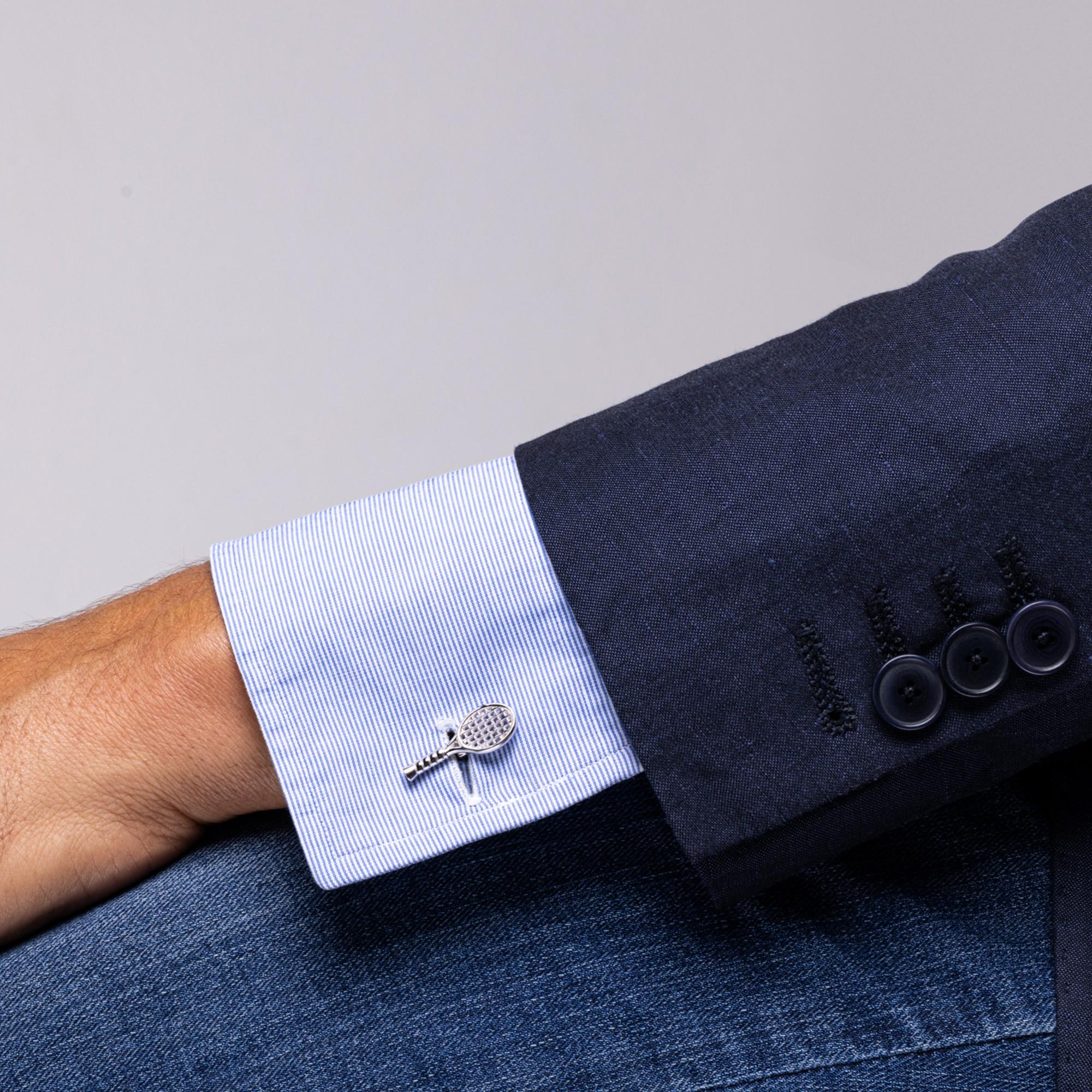 Alex Jona design collection, hand crafted in Italy, rhodium plated sterling silver tennis racket cufflinks. Marked 