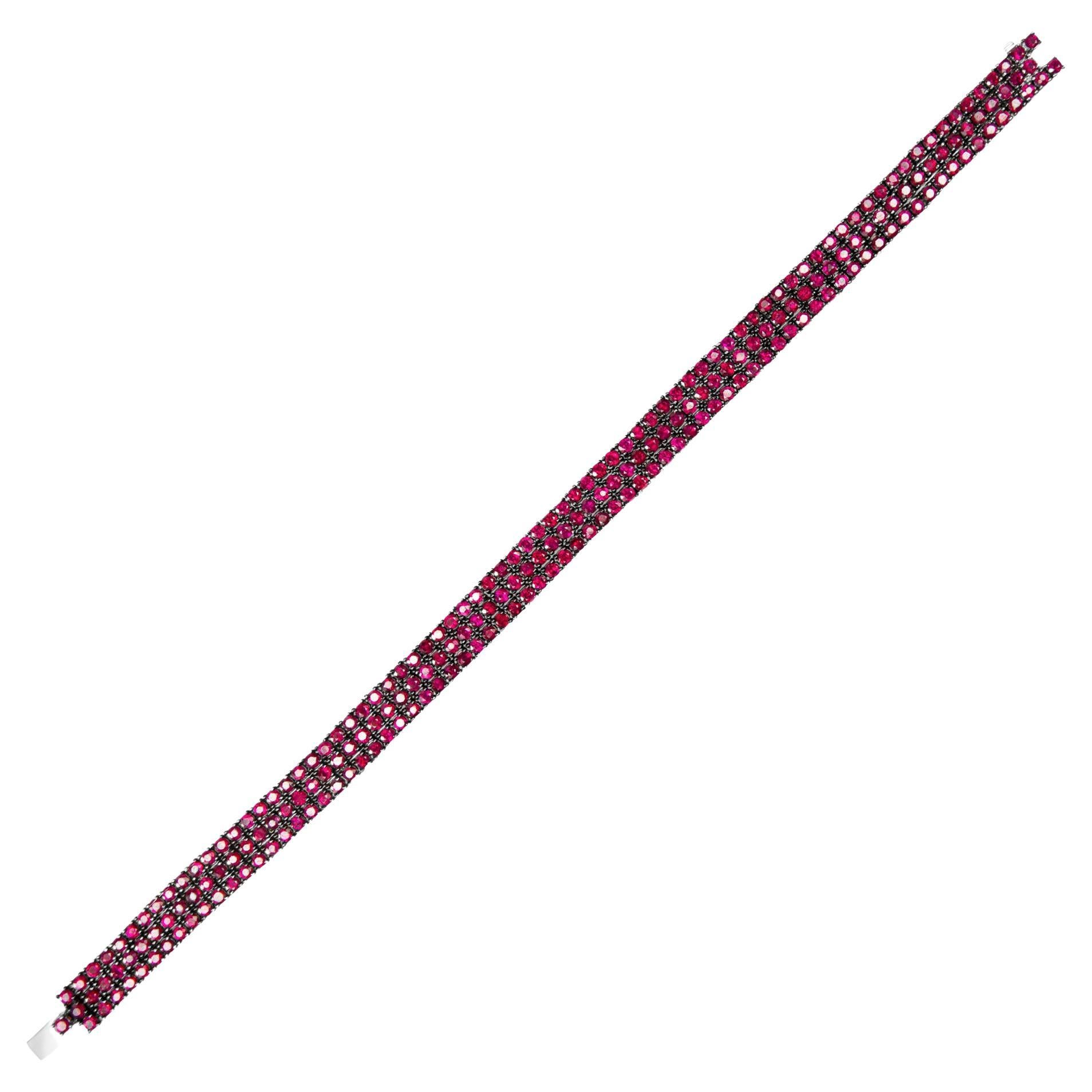 Alex Jona Three-Row Ruby 18 Karat White Gold Tennis Bracelet