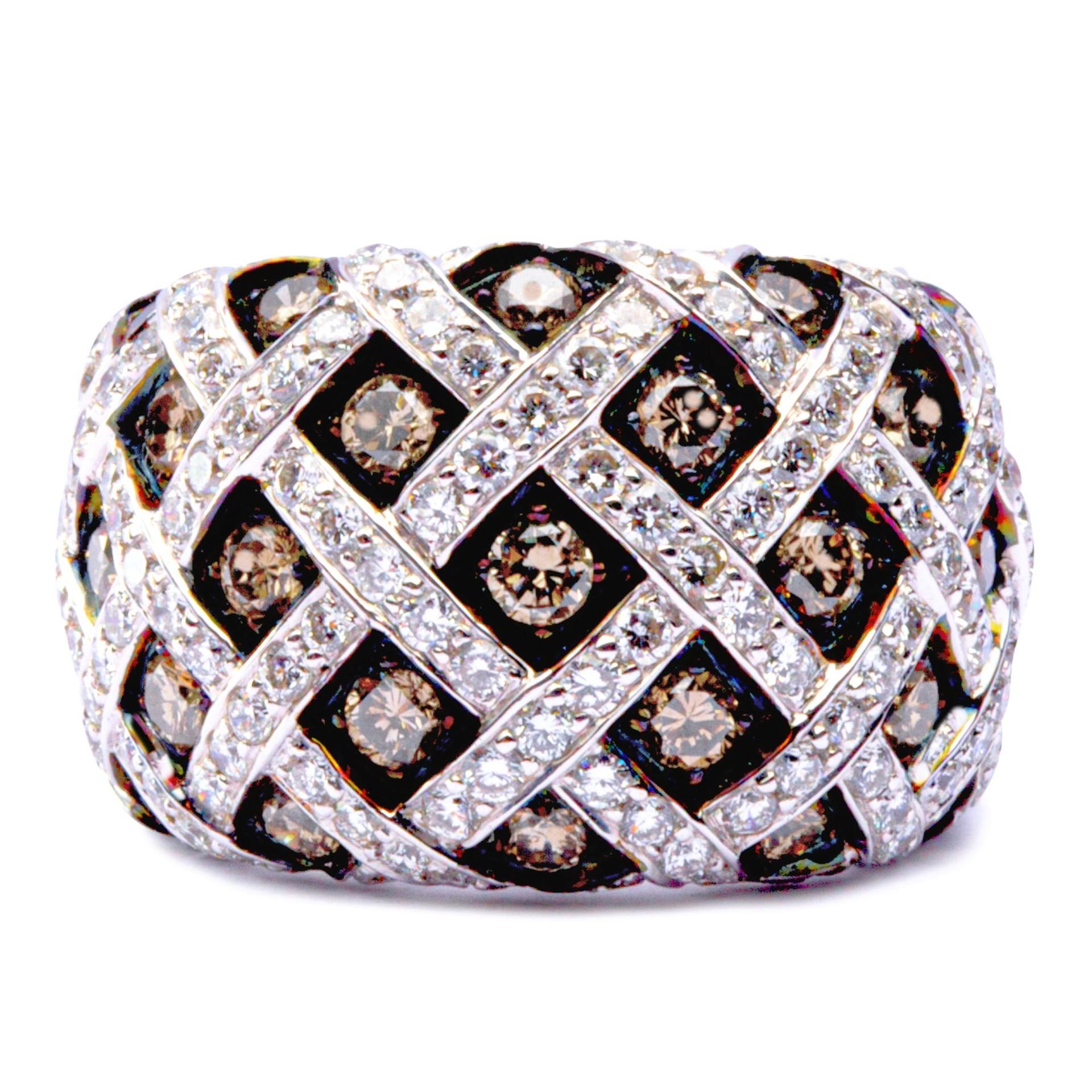 Round Cut Alex Jona Treillage White and Brown Diamond 18 Karat White Gold Dome Ring For Sale