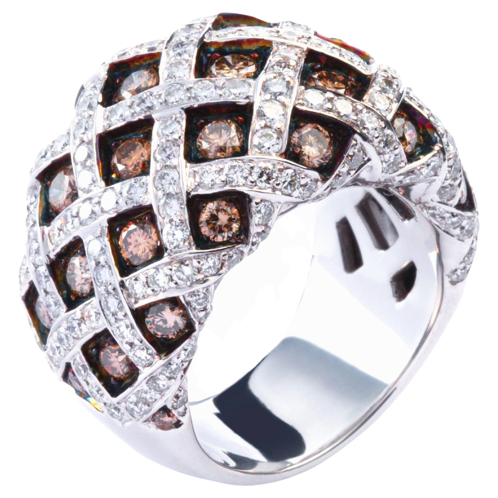 Alex Jona Treillage White and Brown Diamond 18 Karat White Gold Dome Ring For Sale