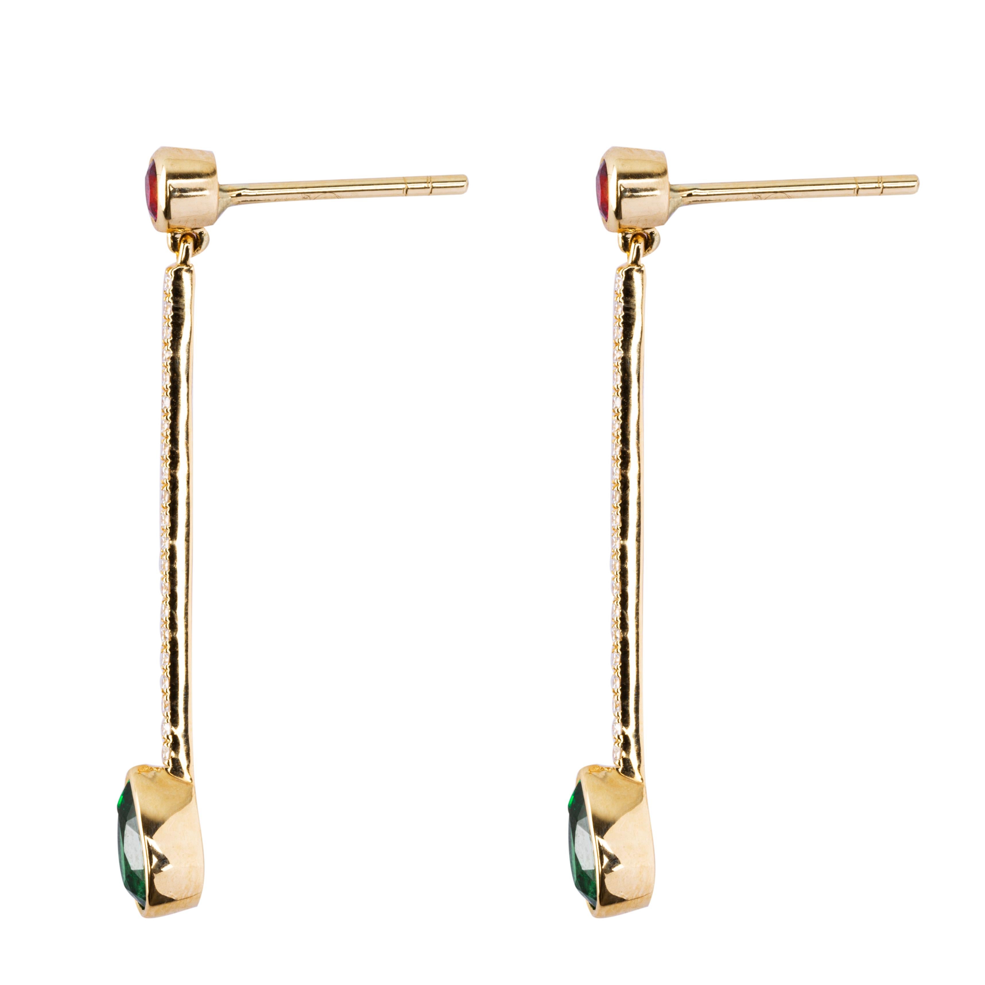 Contemporary Alex Jona Tsavorite Red Spinel White Diamond Yellow Gold Dangle Earrings For Sale