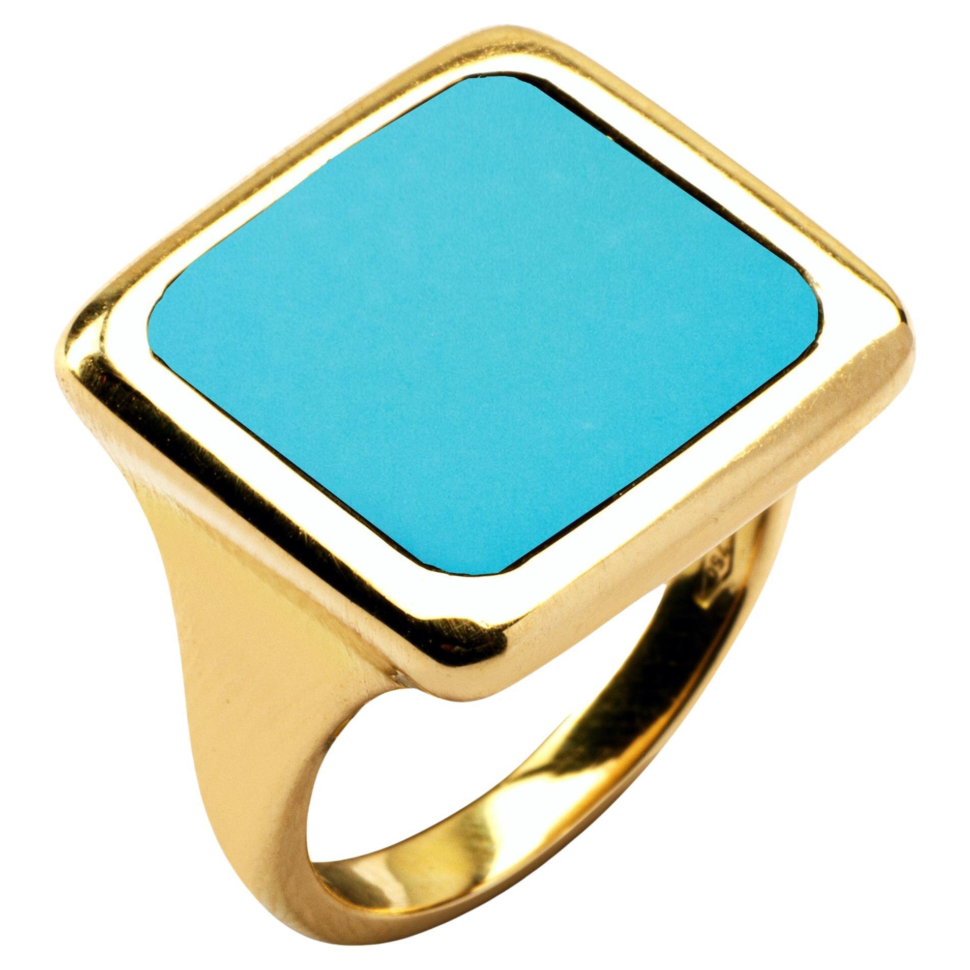 Alex Jona Turquoise 18 Karat Yellow Gold Signet Ring For Sale