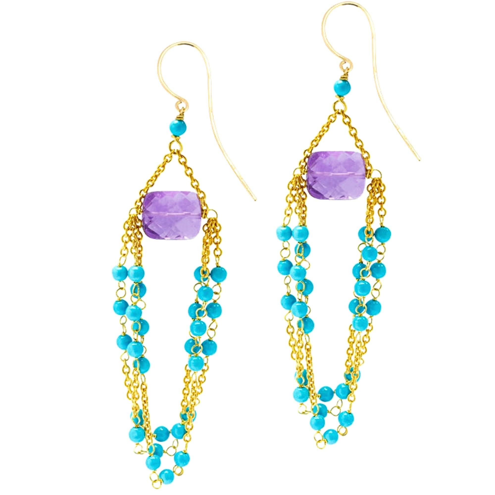 Alex Jona Türkis Amethyst 18 Karat Gelbgold Chandelier-Ohrringe (Perle)