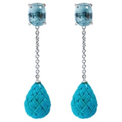 Alex Jona Turquoise Aquamarine 18k White Gold Dangle Pendant Earrings