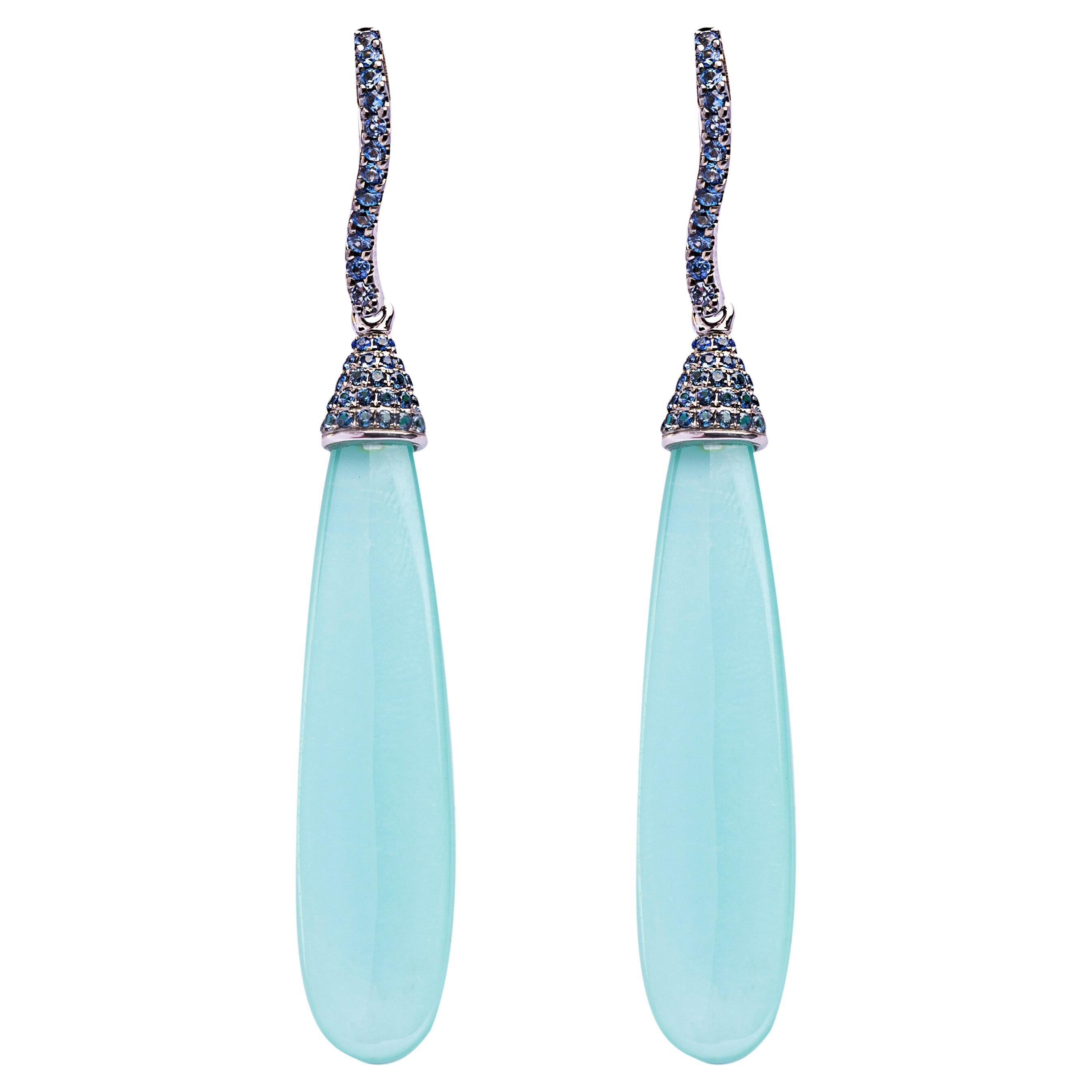 Alex Jona Turquoise Blue Sapphire 18k White Gold Dangle Pendant Earrings