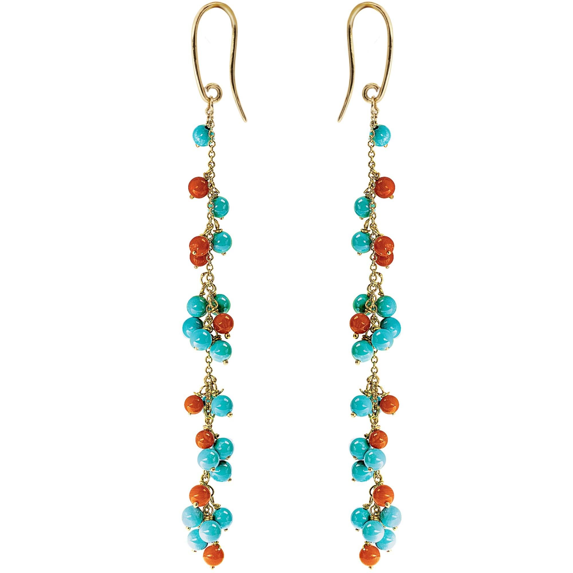 Mixed Cut Alex Jona Turquoise Coral 18 Karat Yellow Gold Chandelier Earrings For Sale