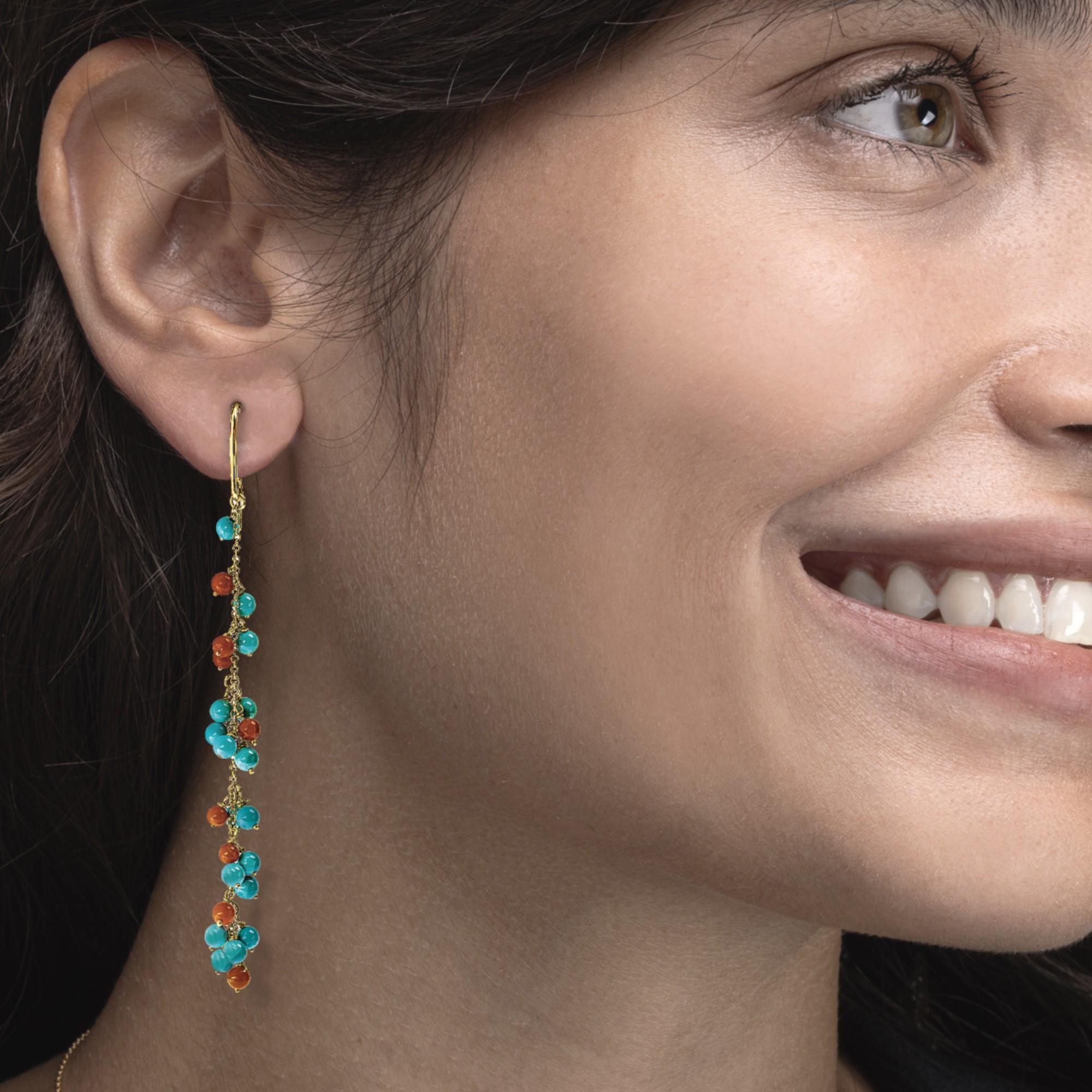 Alex Jona Turquoise Coral 18 Karat Yellow Gold Chandelier Earrings In New Condition For Sale In Lugano, CH