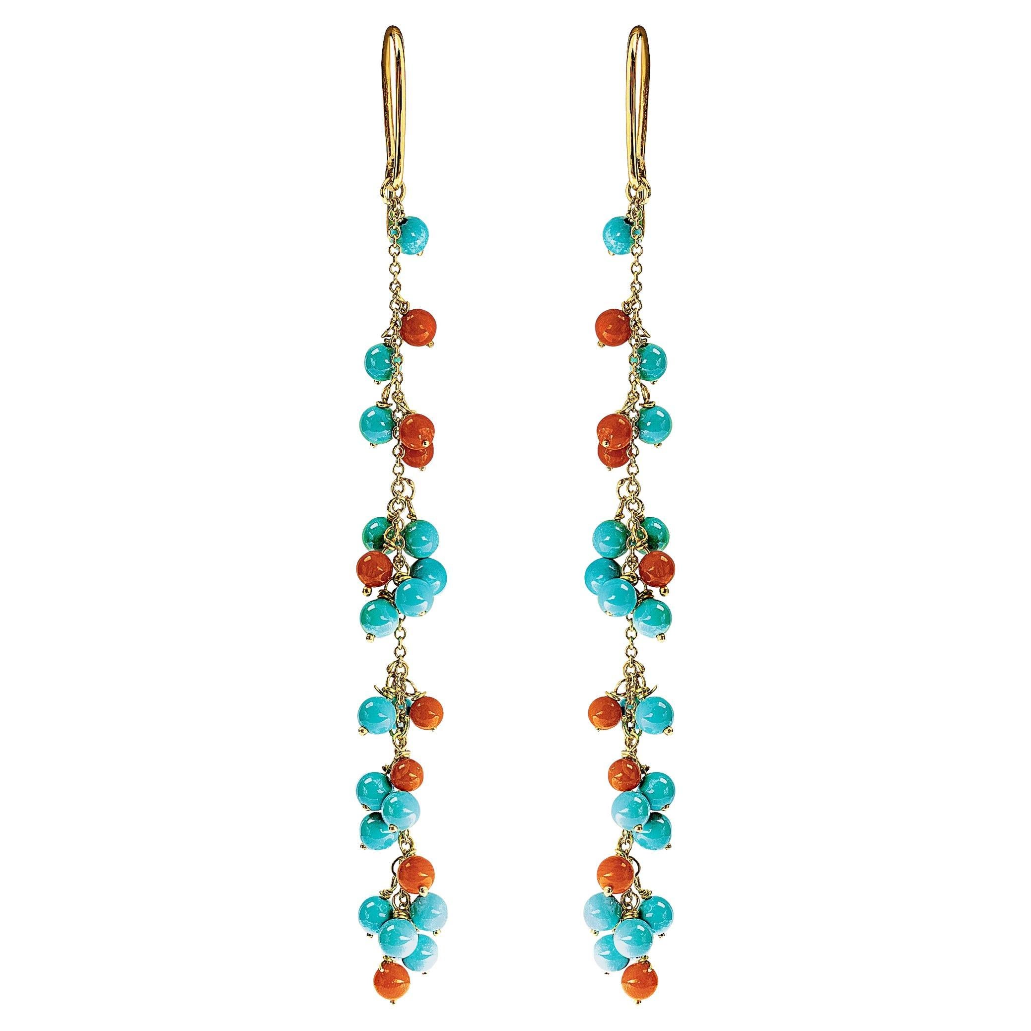 Alex Jona Turquoise Coral 18 Karat Yellow Gold Chandelier Earrings For Sale