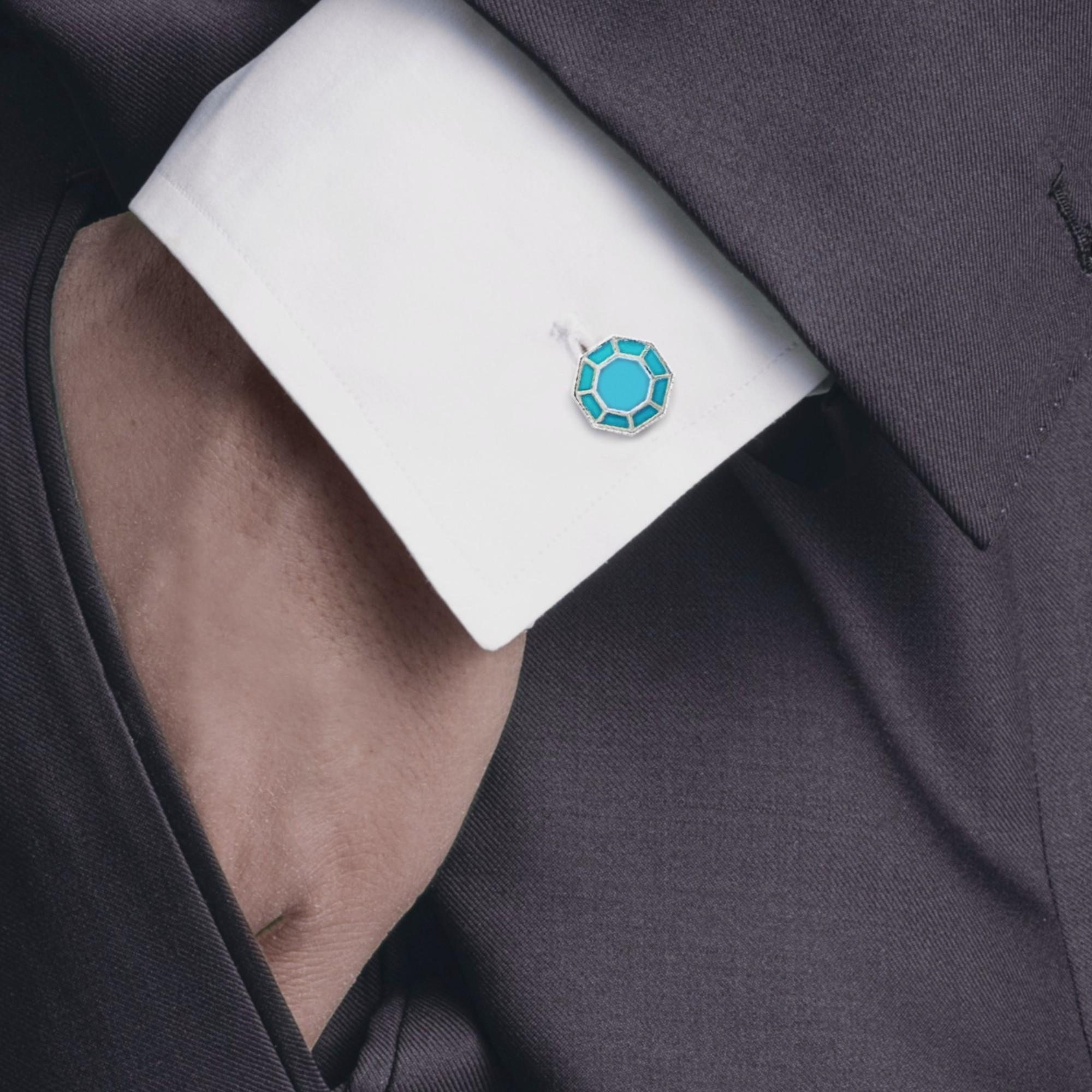 Achteckige Manschettenknöpfe aus Sterlingsilber mit türkisfarbener Emaille für Damen oder Herren im Angebot