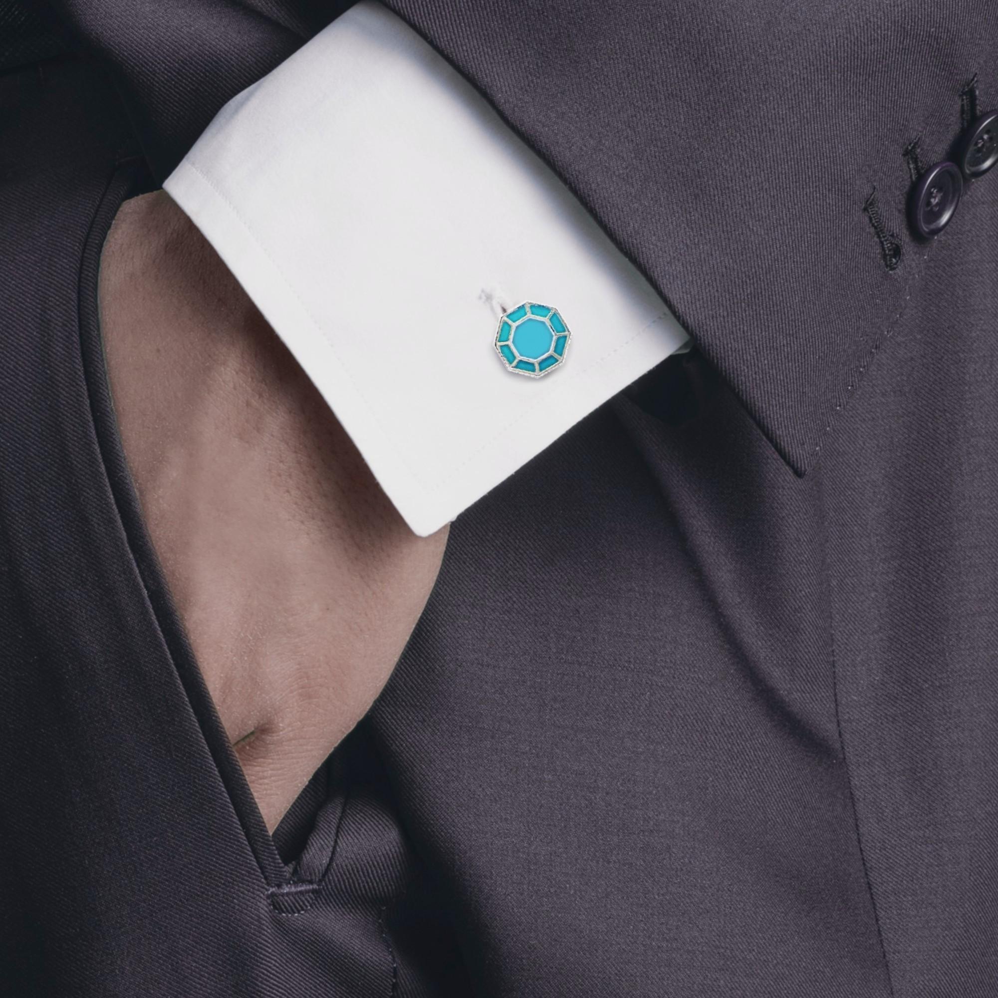 Alex Jona Design Kollektion, handgefertigt in Italien, achteckige Manschettenknöpfe aus 925/°°° Sterlingsilber mit türkisfarbener Emaille. Gekennzeichnet mit JONA.

Die Manschettenknöpfe von Alex Jona zeichnen sich nicht nur durch ihr besonderes