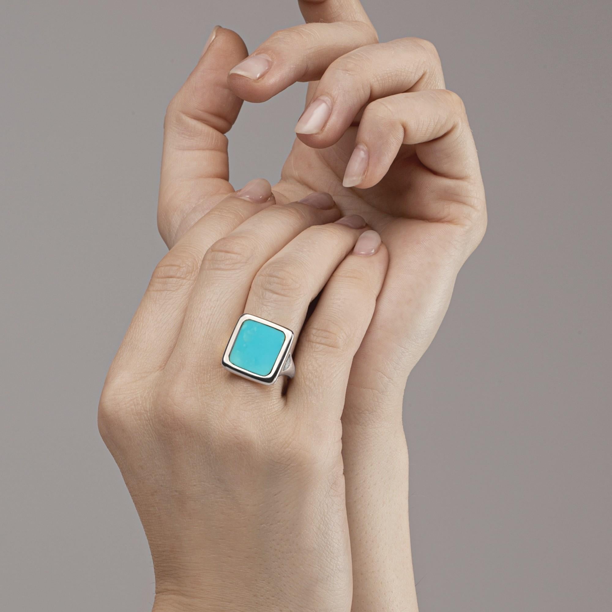 Alex Jona design collection, hand crafted in Italy, sterling silver ring set with a squared flat cut natural turquoise. 

Alex Jona jewels stand out, not only for their special design and for the excellent quality of the gemstones, but also for the
