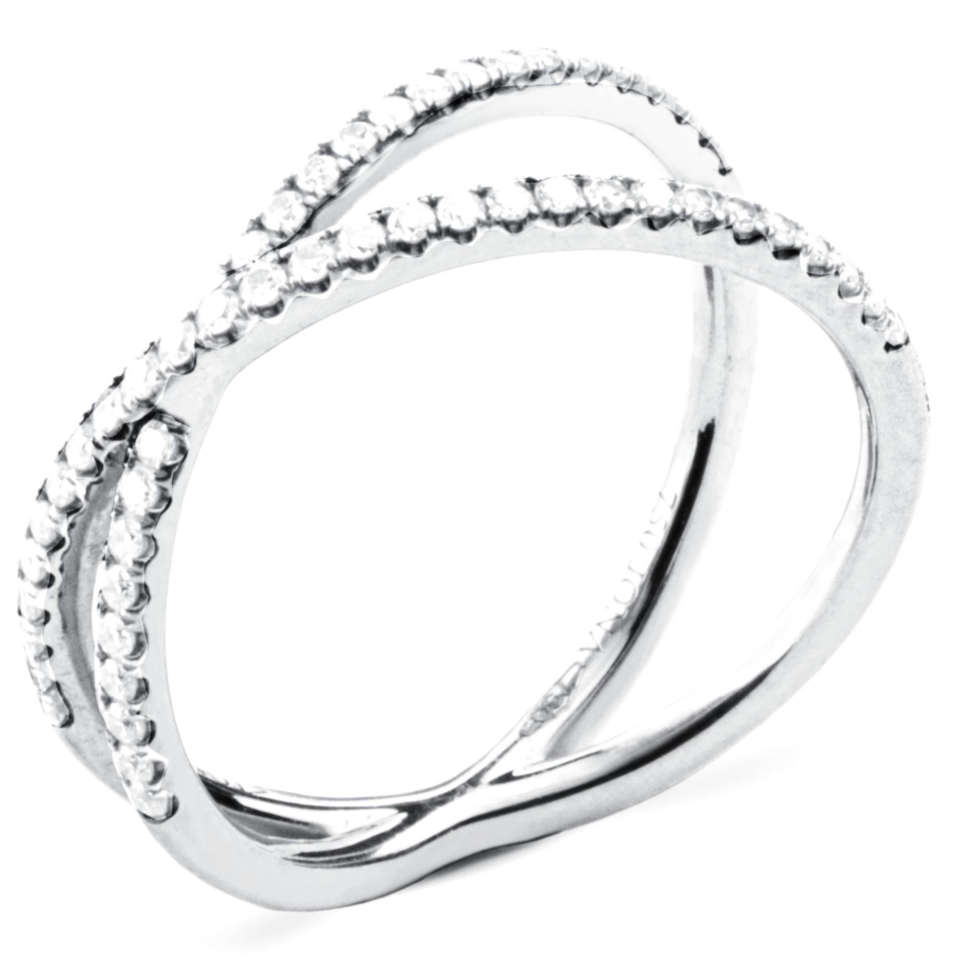 Round Cut Alex Jona Twiggy White Diamond 18 Karat White Gold Crossover Ring For Sale