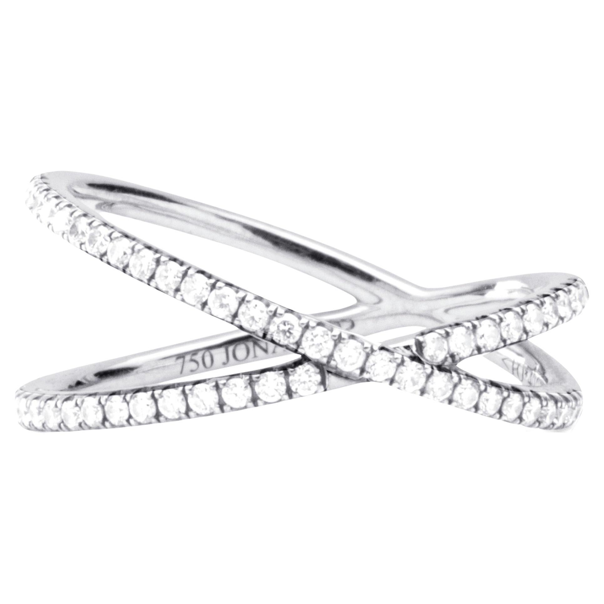 Alex Jona Twiggy White Diamond 18 Karat White Gold Crossover Ring For Sale