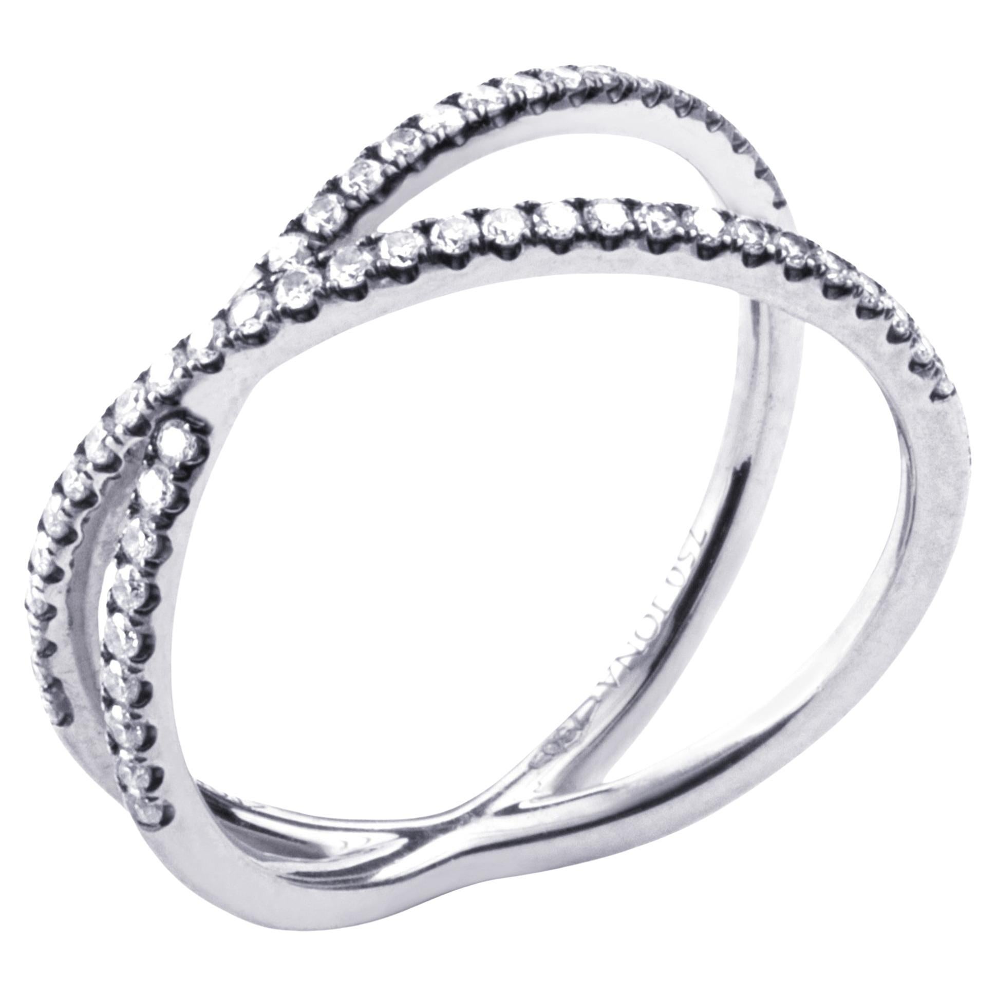 Alex Jona design collection, hand crafted in Italy, 18 karat white gold crossover band ring set with 0.24 carats of white diamonds, F color, VVS1 clarity, on black rhodium setting. US size 6/Eu size 12 (can be sized to any